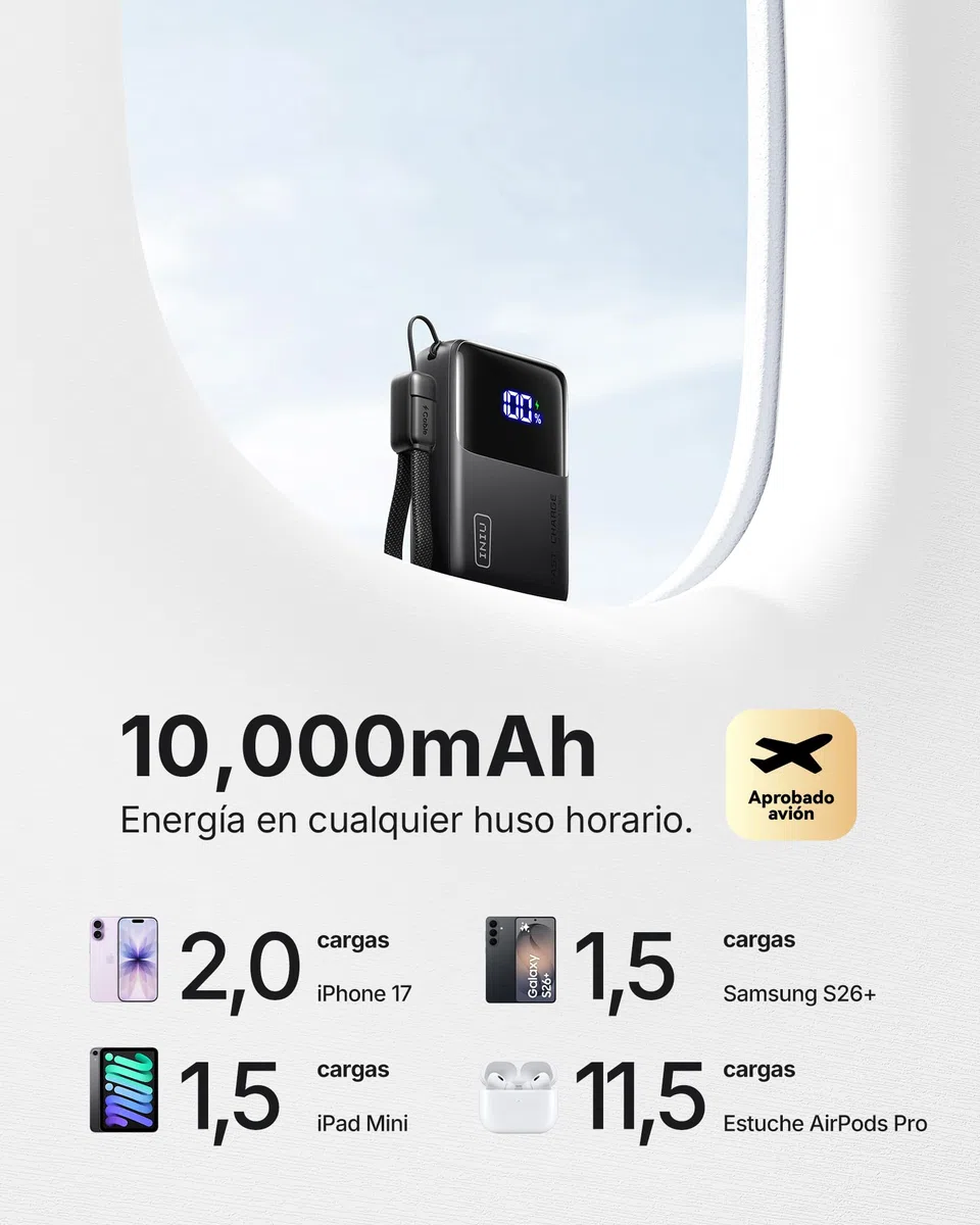 INIU Power Bank, Ultra Mini 45W Carga Rápida 10000mAh Bateria Externa con Cable USB C Desmontable, Apto para Avión & Esenciales de Viaje, Bateria Portatil para iPhone 17 16 Samsung S22 iPad Xiaomi etc