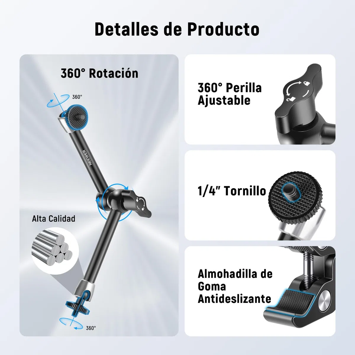 NEEWER Brazo mágico Ajustable de 25 cm con Super Clamp, Rosca de 1/4" y 3/8", Tornillos de 1/4" para Flash/luz LED/micrófono/Monitor Compatible con Jaula de cámara SmallRig, Carga máxima:1.5kg, ST25C