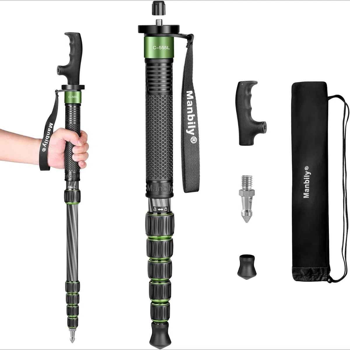 Manbily Monopié para Cámara Fibra de Carbono con Mango del Bastón 40-168cm Portátil Compacto Monopié de Viaje 6 Secciones 7KG para Videocámara DSLR Canon Nikon Sony Clip de Móvil (Verde) C-555L