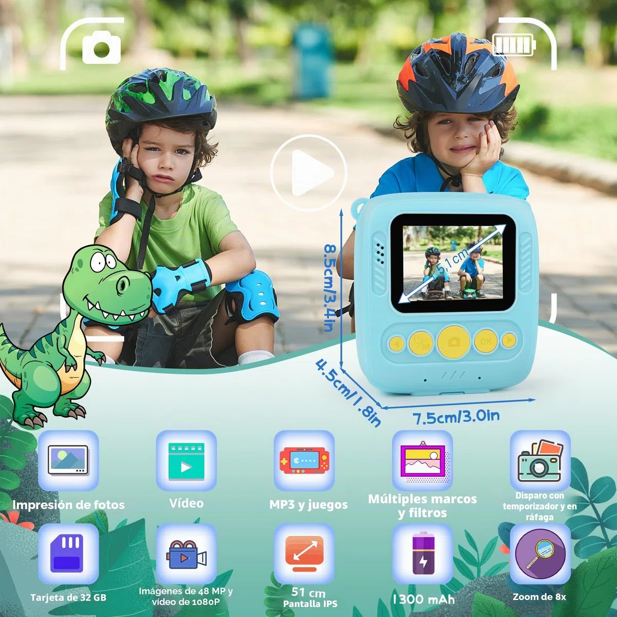 Dhapy Camara Fotos Infantil Instantanea, Cámara De Fotos Infantil De 48 MP con Papel De Impresión Y Tarjeta TF De 32 GB, Camara Fotos Instantaneas 1080P, Regalo Niños Y Niñas De 3 4 5 6 7 8 Años Azul