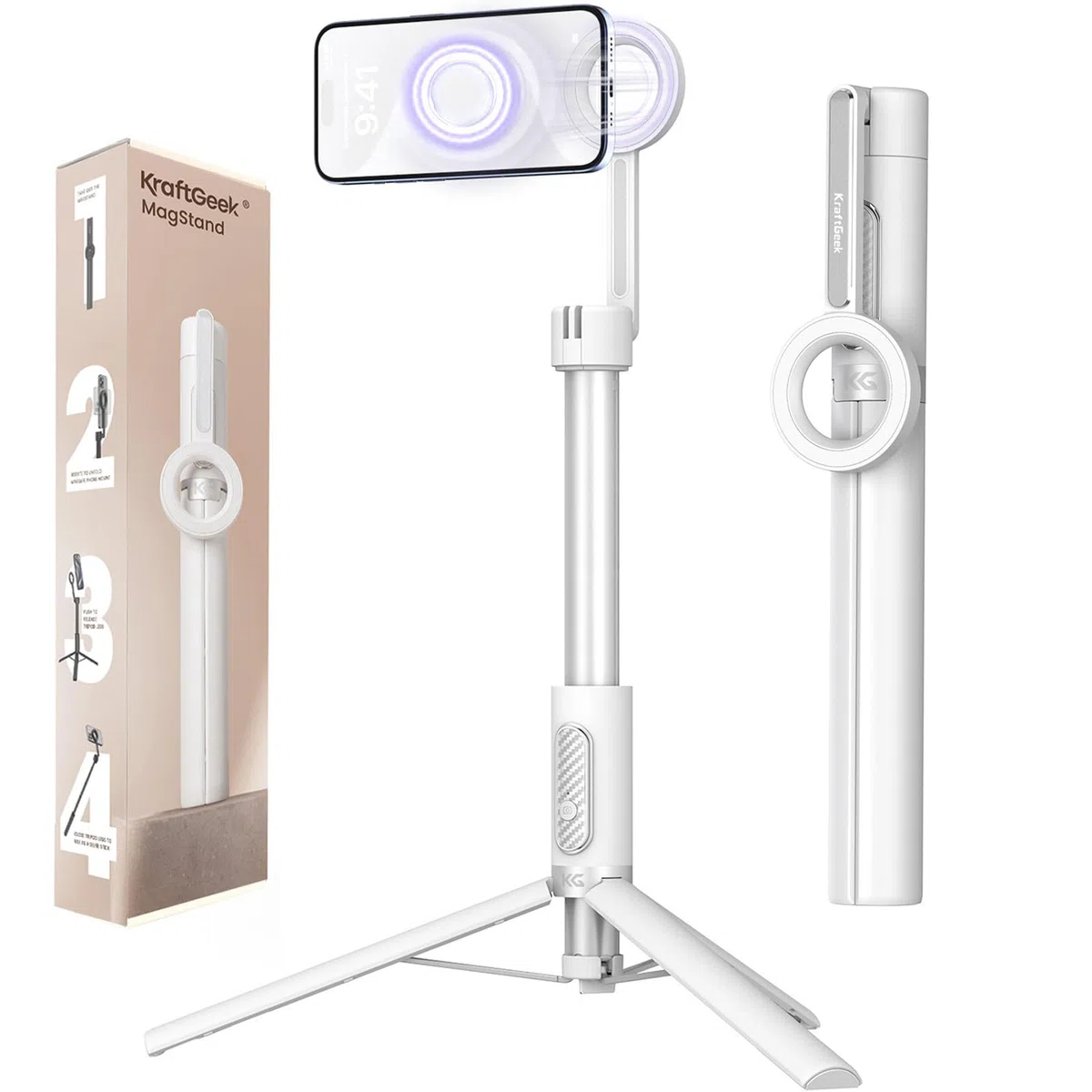 KraftGeek 163cm Palo Selfie Trípode para Movil Compatible con MagSafe, Tripode Movil Magnético con Control Remoto Bluetooth, Tripe Telemovel Extensible Compatible con iPhone/Samsung/Android, Blanco