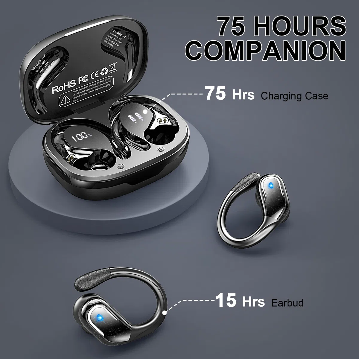 Auriculare Inalámbricos Deportivos, Nueva Auriculares Bluetooth 5.4 con HD Mic, 75H Cascos Inalambricos Bluetooth HiFi Estéreo, Cancelacion Ruido ENC Auriculares Running, IP7 Impermeable/Pantalla LED