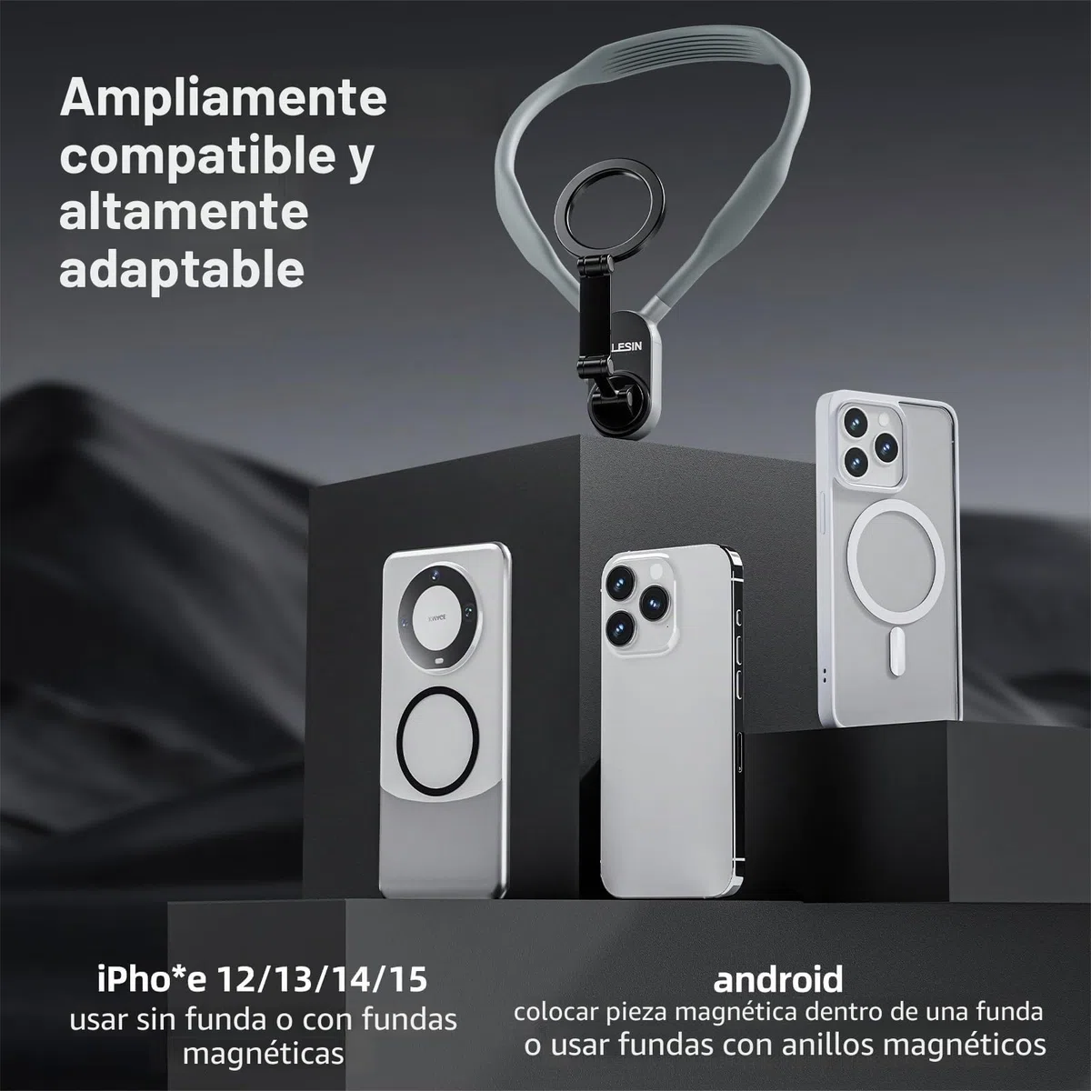 TELESIN POV/Vlog Cunas de Cuello Magnético para Teléfono, Collarín Telefónico Soporte con Manos Libres Soporte de Pecho para Grabación de Vídeo Correa para iPhone 17 16 15 14 13 12 Android (Gris)