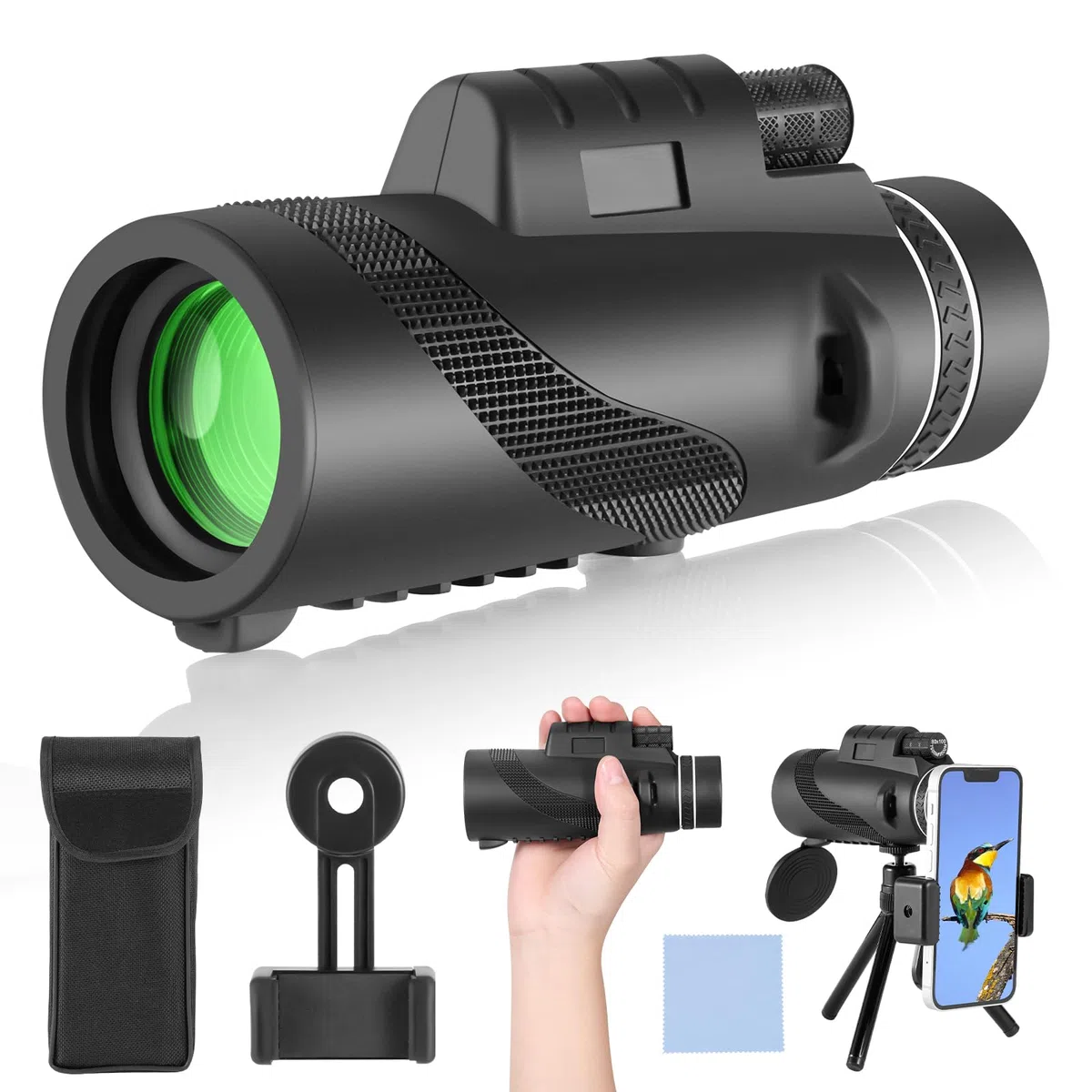 PAHTTO Telescopio monocular, monocular 80x100 con Prisma BAK4 y Lente FMC, telescopio HD con Adaptador para Smartphone y trípode, para observación de Aves, Caza, Senderismo y conciertos