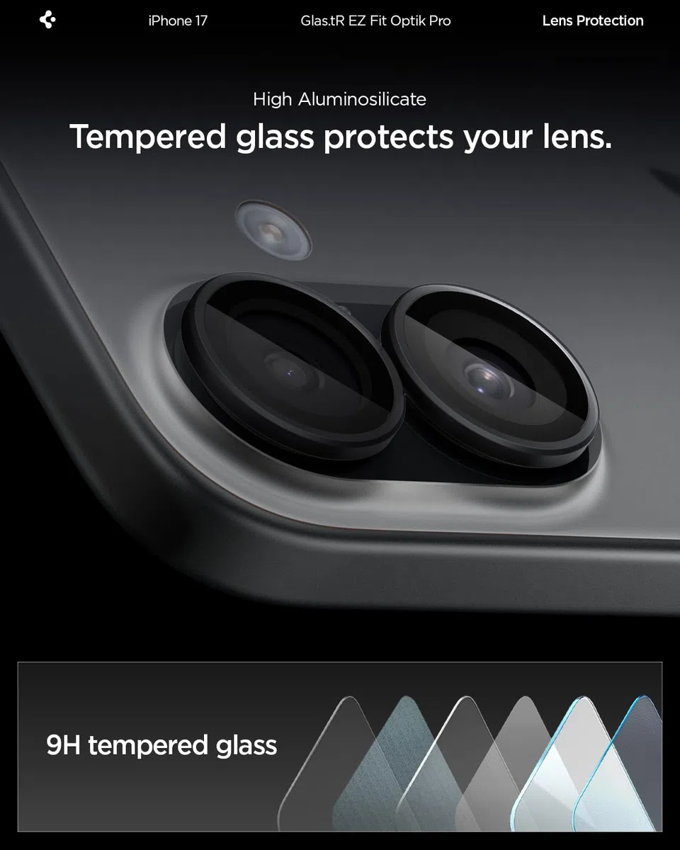 Spigen Glas.tR EZ Fit Optik Pro Protector de Cámara para iPhone 17, iPhone 16/16 Plus, Negro, 2 Unidades, Instalación Fácil, 9H Dureza, Anti-Arañazos