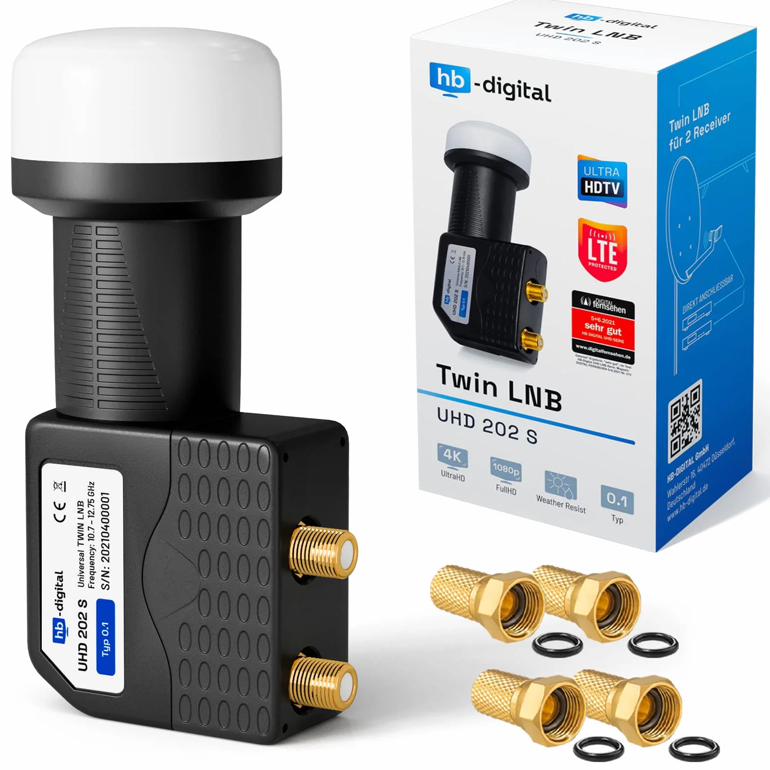 HB-DIGITAL Twin LNB LNC 2 Sat Participantes Directos Full HD TV 3D 4K 8K UHD + Contactos Chapados En Oro + Protección contra La Intemperie (Extensible) En El Conjunto con 4 F-Conectores