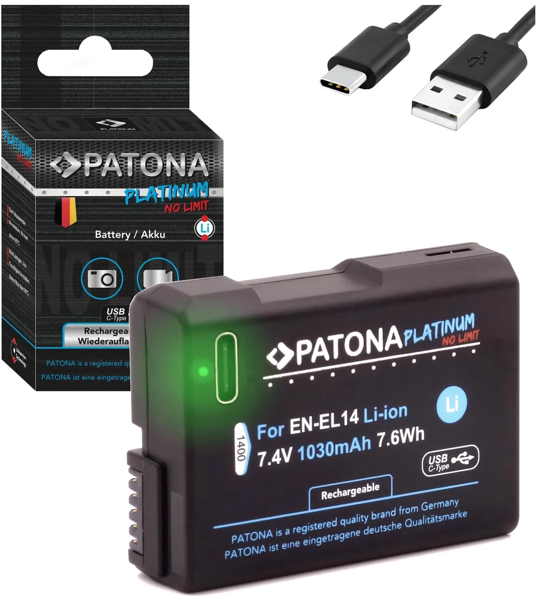 PATONA Platinum EN-EL14 EN-EL14a - Batería USB (1030 mAh, entrada USB-C directa, 1400)