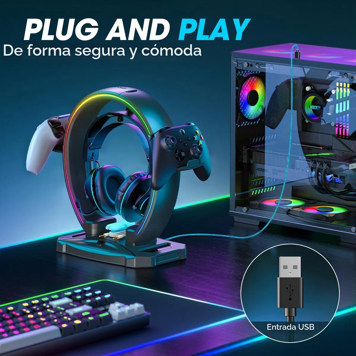 KDD LED Soporte Cascos Gaming con 9 Modos de Luz - Soporte Auriculares & Soporte Mando Plegable con Organizador de Cables - Cascos Porta Auriculares Mesa para Escritorio Gamer Accesorios Gaming PC