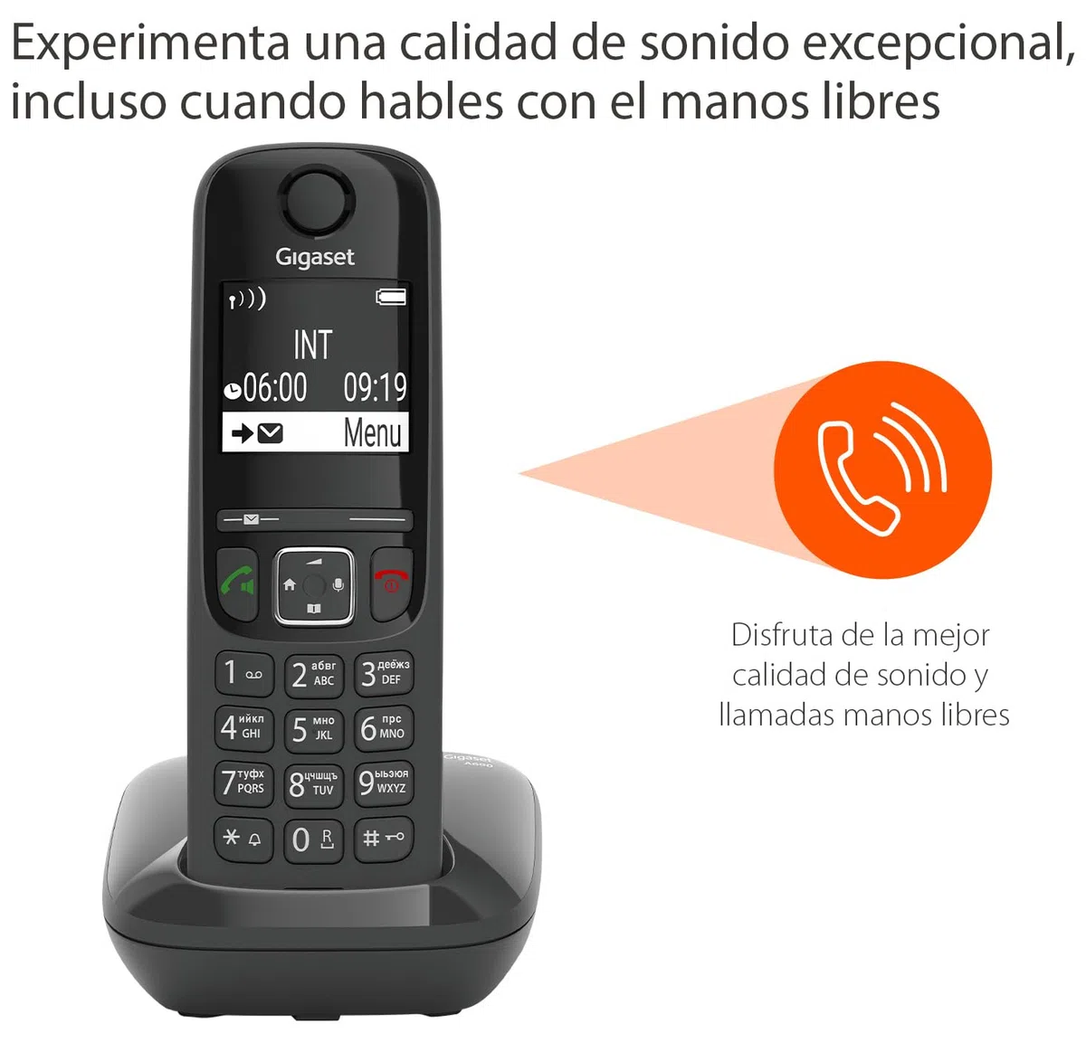 Gigaset AS690 - Teléfono DECT inalámbrico - Gran Pantalla Gráfica - Calidad de audio superior - Perfiles de sonido ajustables - Manos libres - Función no molestar, Color Negro [Versión Española]