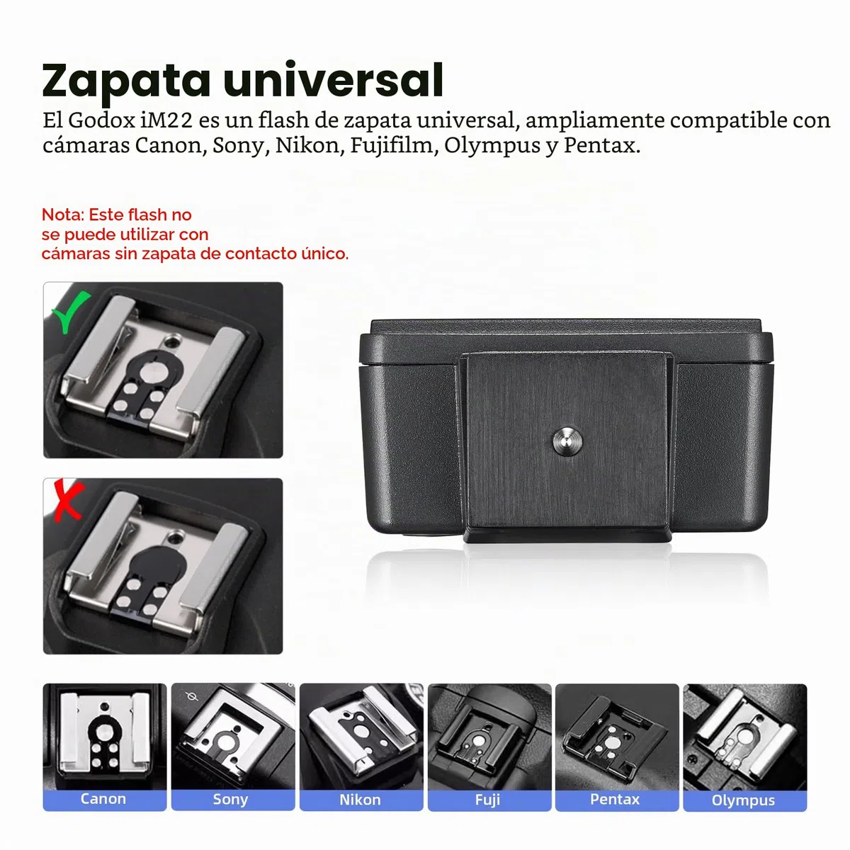 Godox iM22 - Cámara flash compacta, 5 niveles de potencia, 440 flashes de plena potencia, diseño de garra de contacto único, compatible con múltiples marcas