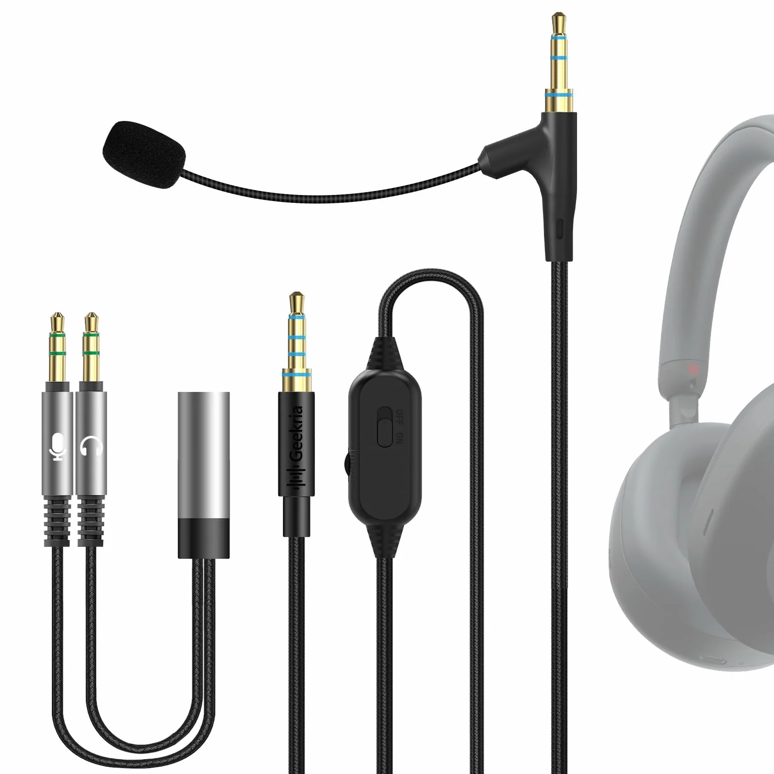 GEEKRIA Cable de auriculares con micrófono tipo caña compatible con Sony WH-1000XM6/1000XM5/1000XM4, WH-XB920N, ULT WEAR (5,6 ft), 3,5 mm, cable de repuesto con micrófono para gaming y reuniones