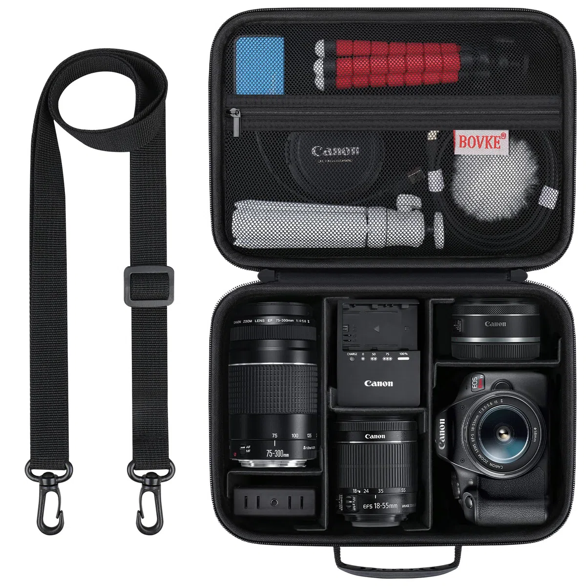 BOVKE Tansporte Bolsa para Canon EOS 2000D/4000D/250D/R6 Mark II/R8 /R10/ R100 Cámaras, Almacenamiento Estuche para Canon, Sony SLR DSL Cámaras, Lente, Trípode y Accesorios, Negro
