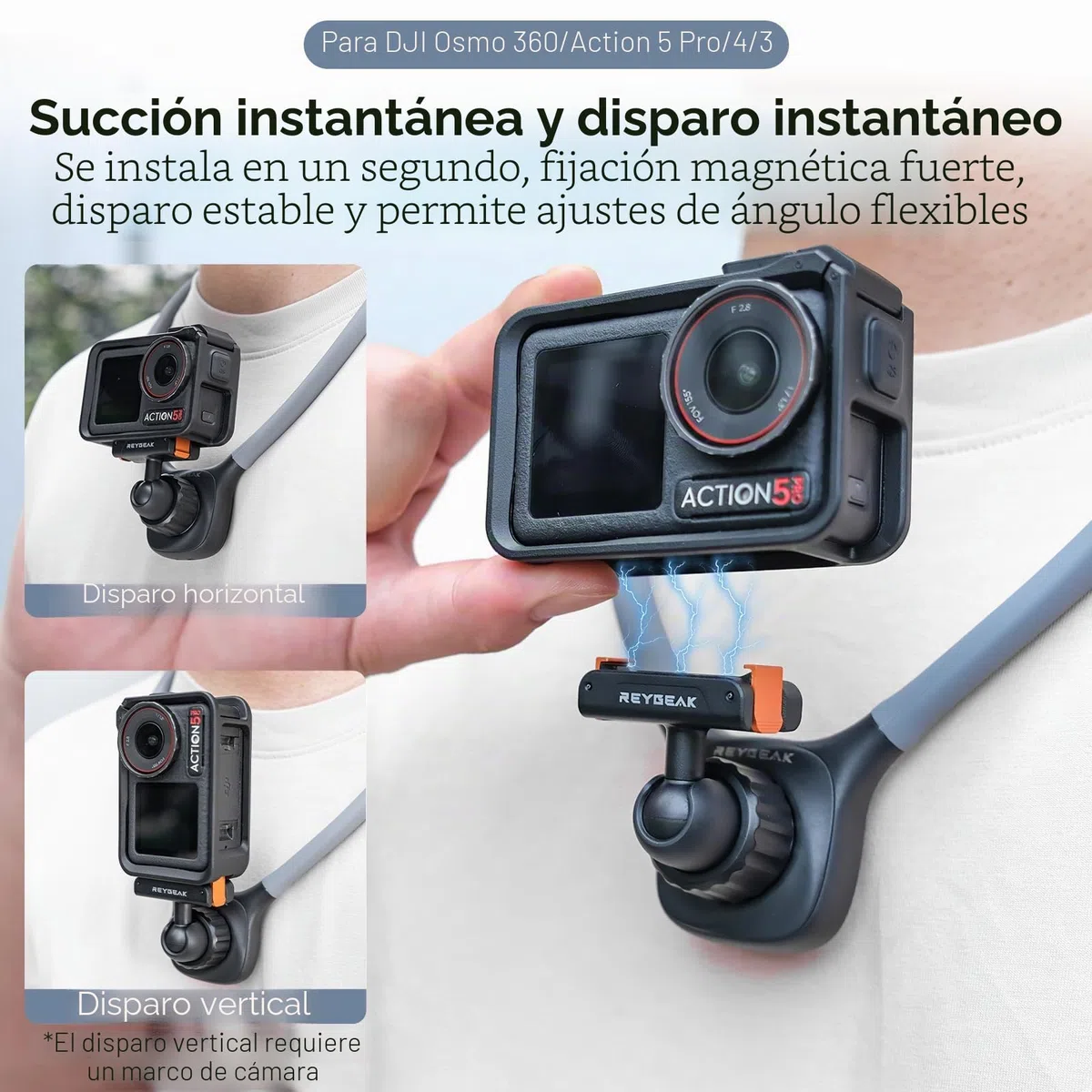 REYGEAK Soporte de Cuello magnético para dji Osmo Action, Soporte para cámara POV, Soporte con Correa de Pecho Ajustable Compatible con Accesorios dji OSMO 360/Action 5 Pro/4/3