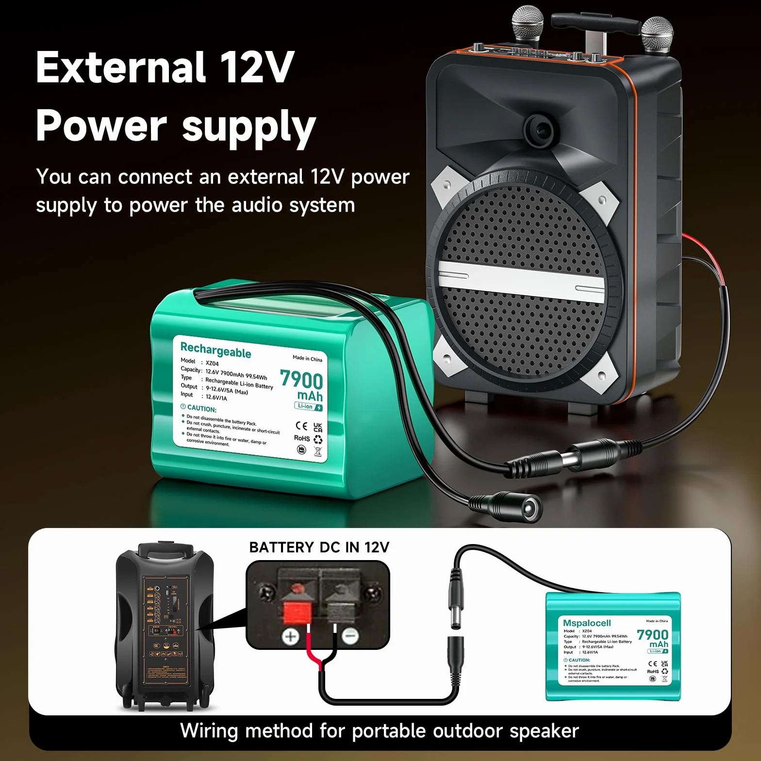 Batería 12V 7900mAh Dab Radio 12.6V Batería Litio con Adaptador de Cargador y Conector y línea de conexión, para Sonido, Faros Traseros, iluminación de Bicicletas, setpiano, Sonar, Sonar