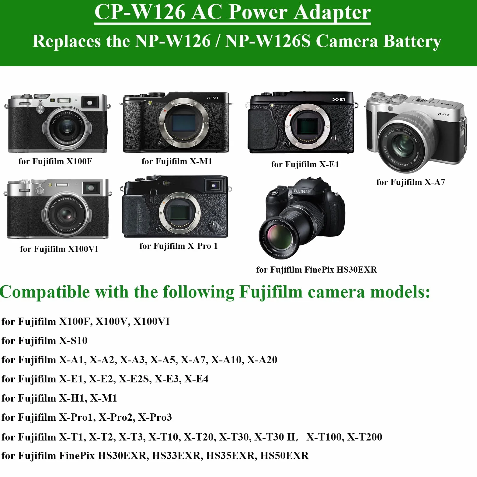 NP-W126 NP-W126S Adaptador de corriente CP-W126 DC Acoplador Kit para FUJIFLIM X100VI X-T30 II X-S10 X-T200 X100F X100V X-A5 X-E4 X-Pro3 X-T3 X-T20 X-T30 II cámaras