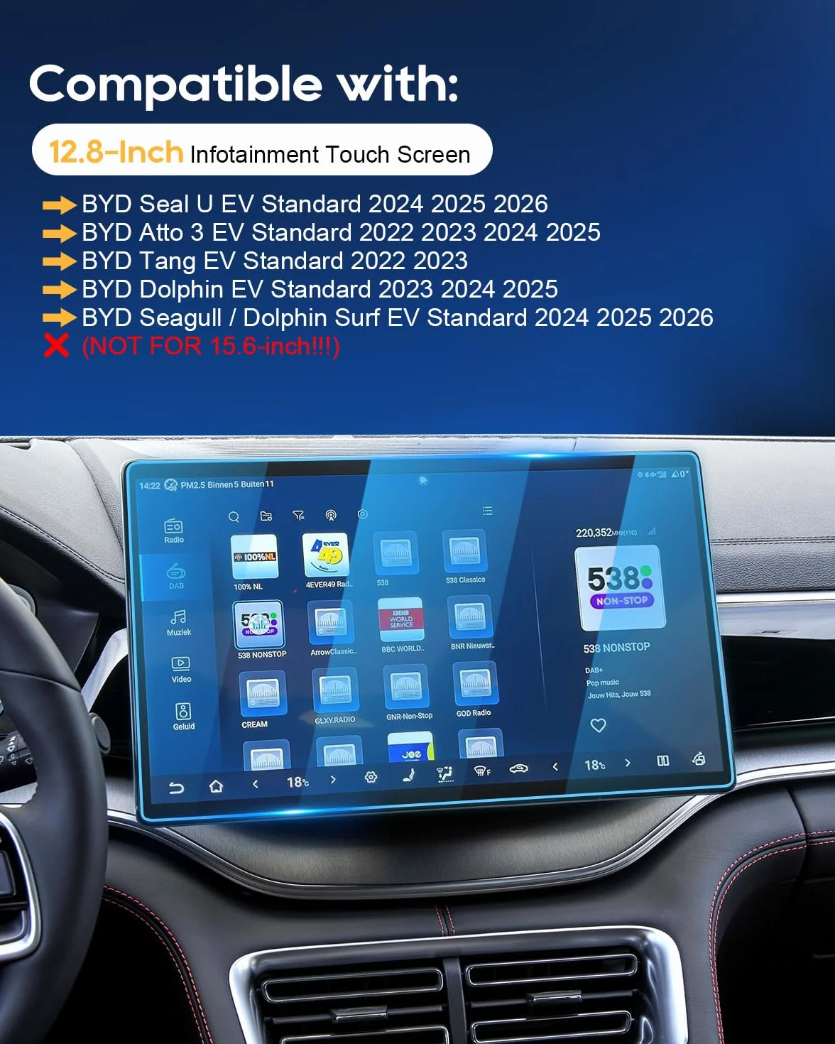 YEE PIN Protector de pantalla de 12,8 pulgadas para BYD Seal U EV DM-i | Dolphin | Atto 2 EV DM-i | Seal 6 DM-i Touring | Atto 3 Navigation, vidrio templado 9H resistente a los arañazos y antihuellas