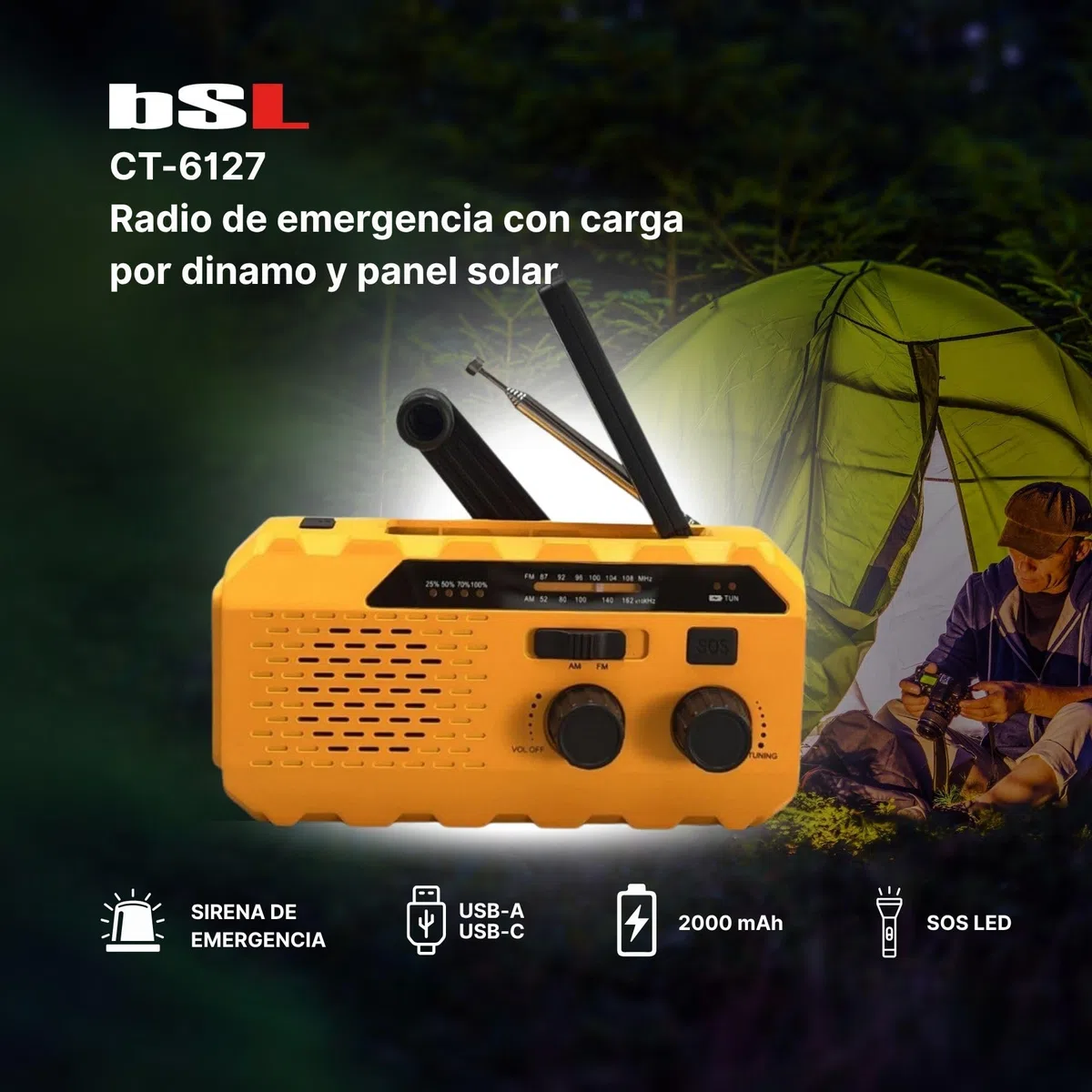 BSL Radio Portátil Am/FM CT-6127 | Carga Solar y manivela Dynamo | Linterna LED | Batería Recargable 2000mAh Almacenamiento y Carga Dispositivos externos | USB-A y USB-C.