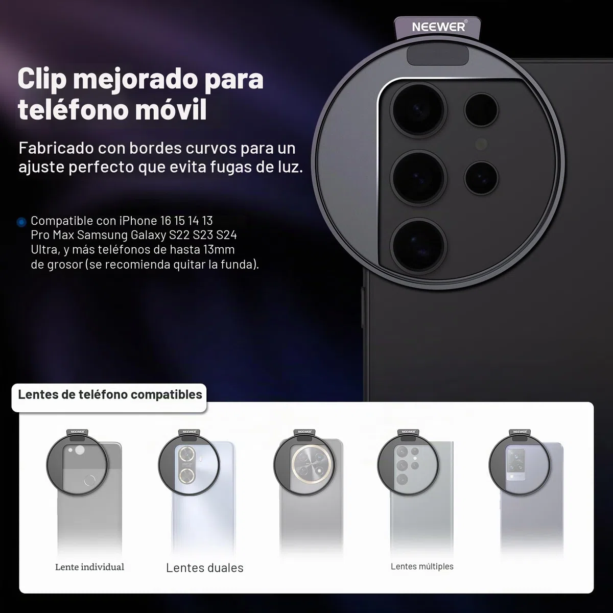 NEEWER Filtro CPL de 67 mm para teléfono, Filtro polarizador HD de 67 mm y Clip de teléfono de Zapata fría, Incluye Bolsa de Transporte y paño de Limpieza de Lentes, Compatible con Galaxy S24 Series