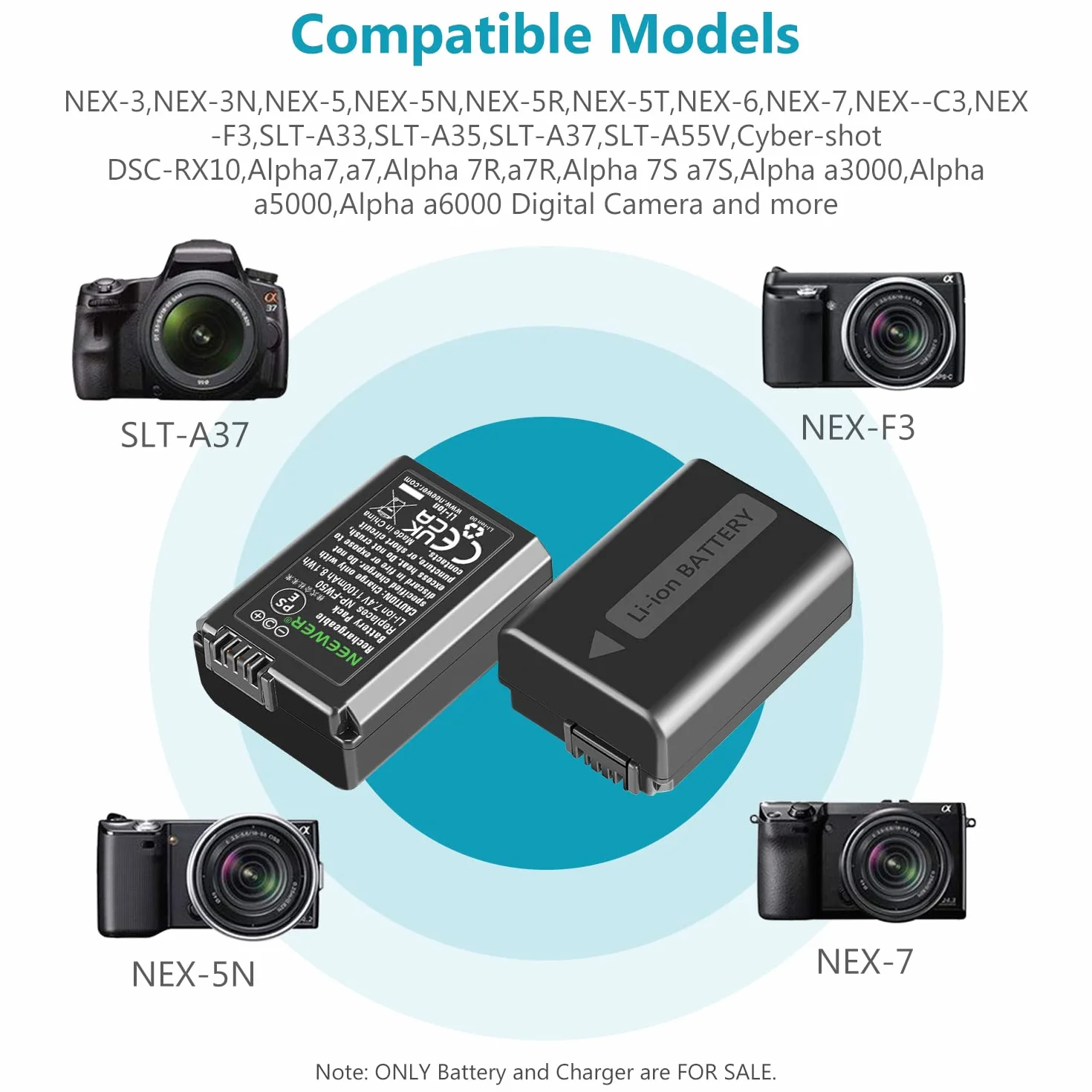 NEEWER NP-FW50 Juego de Cargador de Batería de Cámara para Sony ZV-E10 A7 A7R A7RII A7II A7SII A7S RX10 Series (Paquete de 2 Baterías de Repuesto de 1100mAh MicroUSB y Entrada tipoC Dual Cargador)
