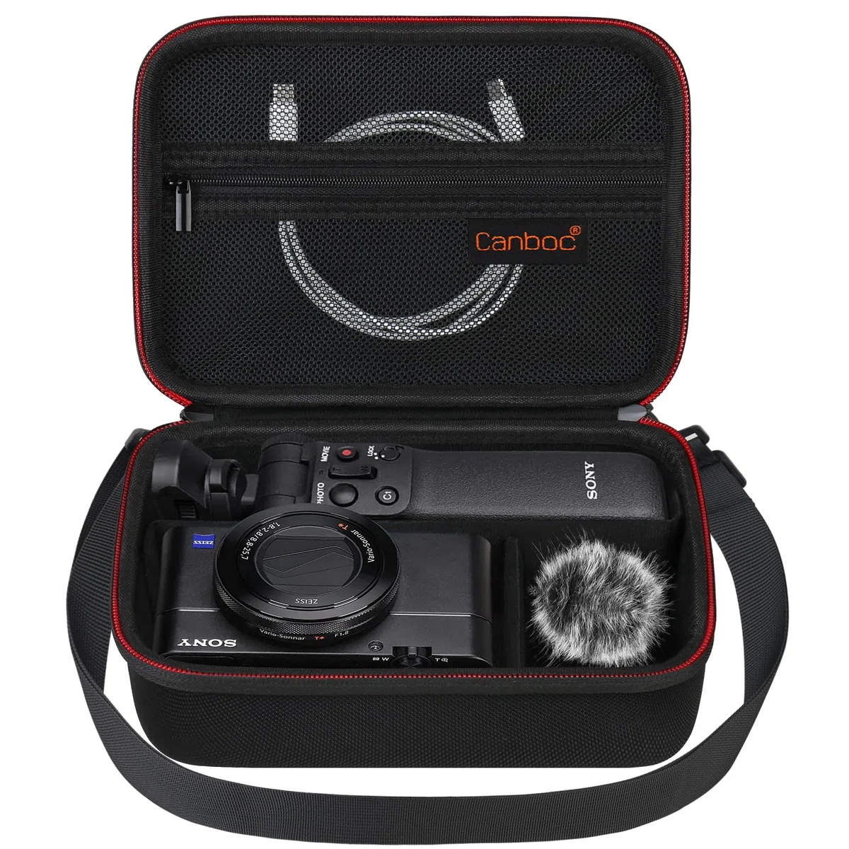 Canboc Caso de Transporte para Sony ZV-1F / ZV-1 / ZV-1II Vlog Digital cámaras& Vlogger Kit de Accesorios Trípode, Bolso de Almacenamiento de Viaje con Correa, Cable de Bolsillo de Malla, Negro