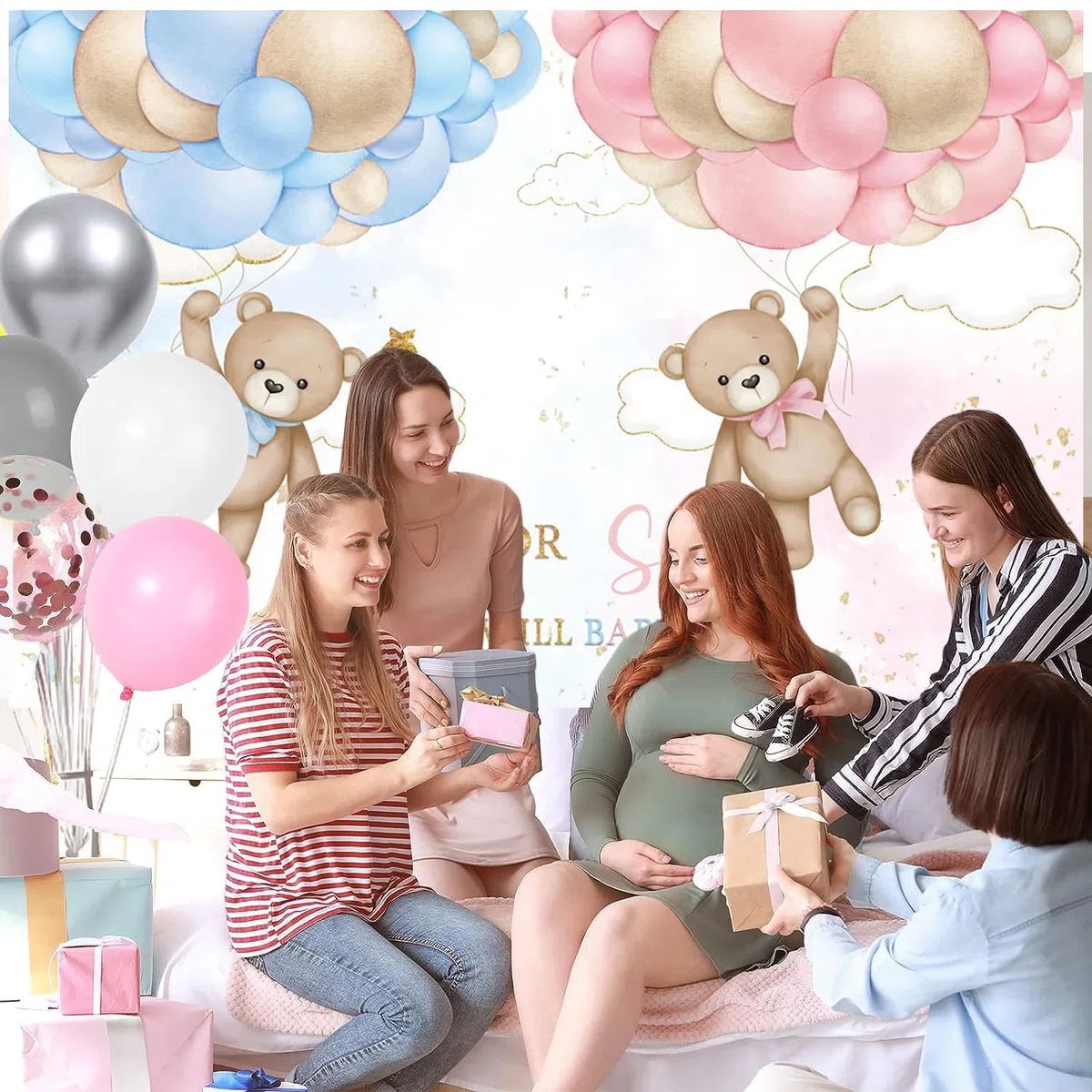 2.4x1.8m Telón de fondo revelación sexo Oso Globos Azul o Rosa He or She What Will Baby Be Fondo Fotográfico Fiesta de Revelación de Sexo Decoración de Mesa para Tarta Pancartas Atrezzo para Fotomatón