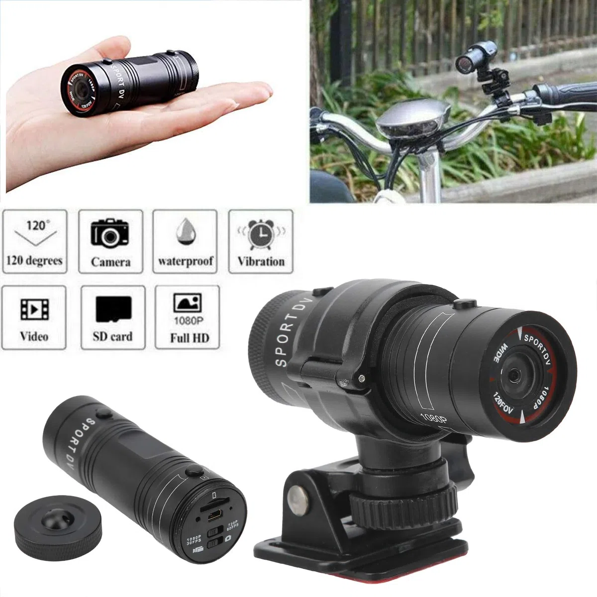 Cryfokt Cámara de la Rociada de la Motocicleta Grabador de Conducción de Moto Full HD 1080P Videocámara DV Resistente Al Agua para Motocicletas Cámara de Bicicleta de 120 Grados DVR Deportes
