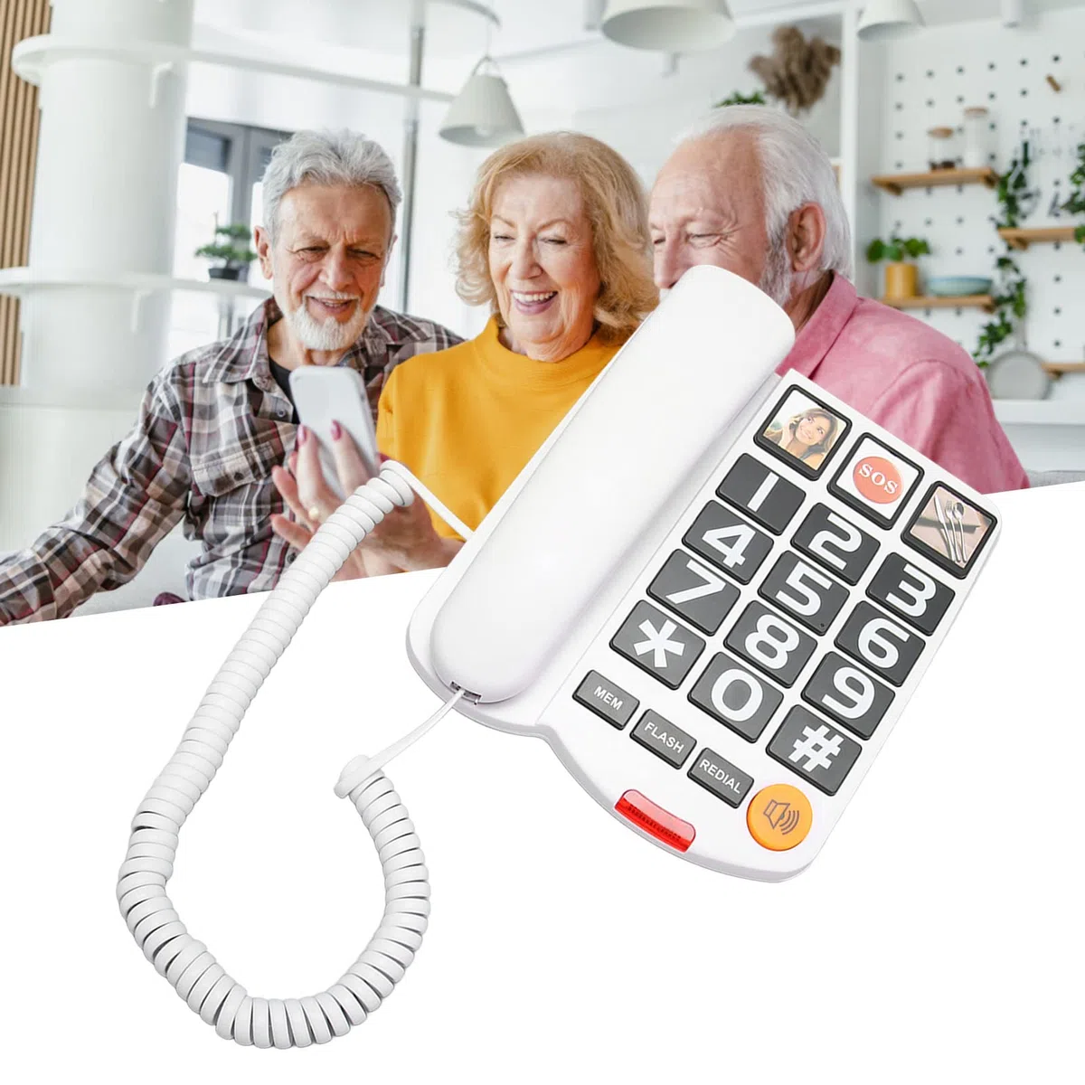 Teléfono con Botón Grande para Obsequios para Personas Mayores, Teléfono Fijo con Cable con Botón SOS, Tonos de Llamada con Altavoz Alto, Marcación Rápida con un Solo Toque, (Blanco)