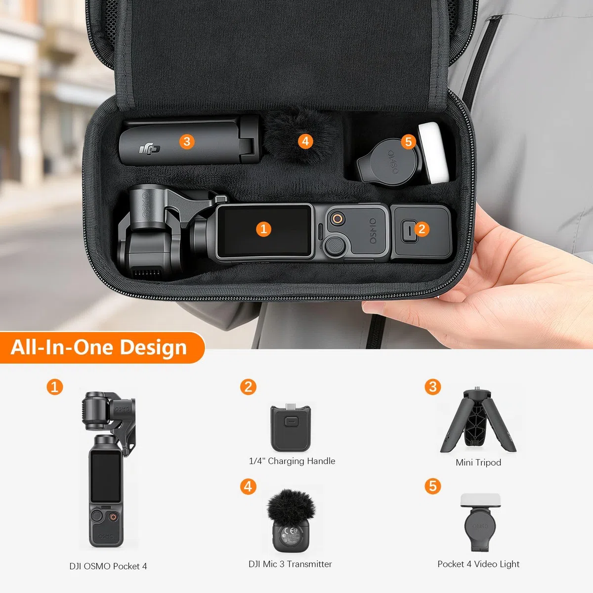 AMAZEAR Funda para dji Osmo Pocket 4, Osmo Pocket 4 Accesorios – Bolsa de Transporte compacta con Correa de muñeca y mosquetón, Estuche Protector para Accesorios, Almacenamiento y protección, Negro