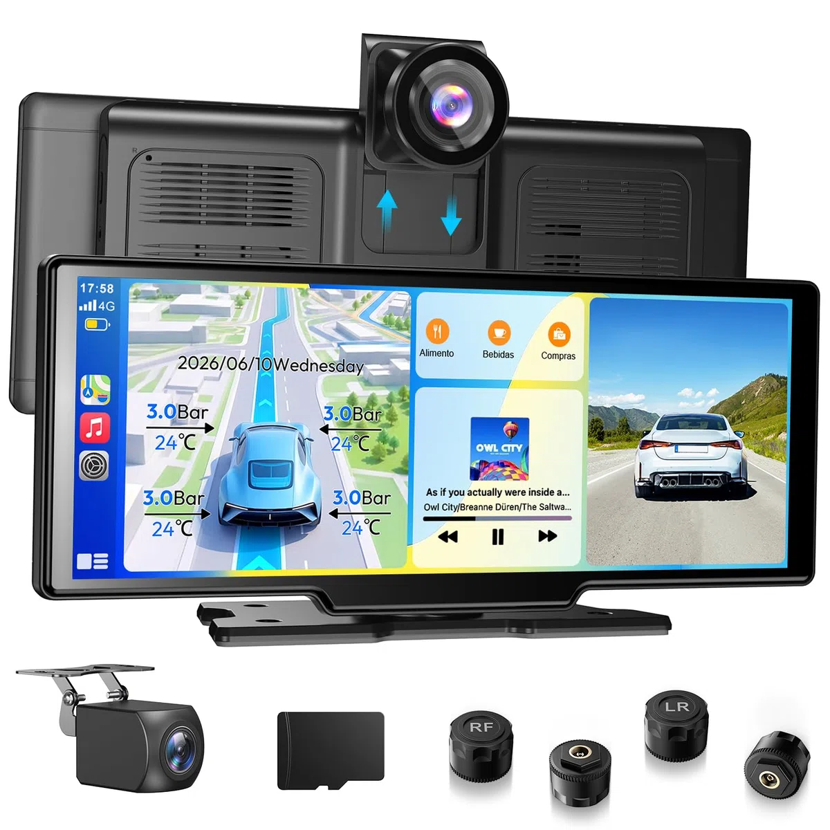 ESSGOO Pantalla Coche 10.26 Pulgadas Carplay y Android Auto Inalámbrico con 4 Sensor de Presión de Neumáticos Cámara Frontal 4K Trasera 1080P,IPS Táctil,Bluetooth,Mirror Link,Control por Voz,64GB TF