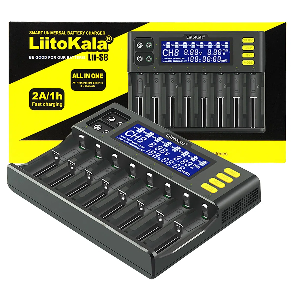 Cargador de batería MXJFYY LiitoKala LII-S8 Cargador rápido con Pantalla LCD táctil, 18650 de 8 Ranuras 9V para Li-Ion LiFePO4 Ni-MH Ni-CD AA AAA C 21700 26650 13650 16340 18700 RCR123