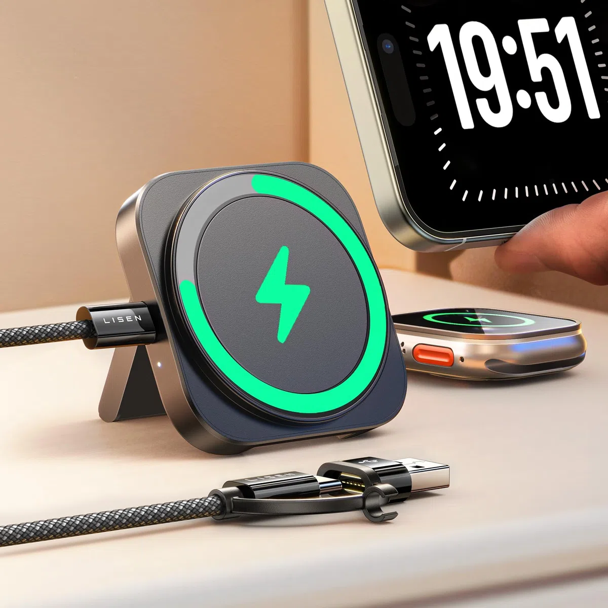 LISEN Cargador Inalambrico MagSafe para iPhone 17 y Samsung Base Cargador Apple Watch Wireless Charger Mini 3 En 1 Estacion de Carga Viajes Accesorios para iPhone 17 16 15 Pro MAX Air iWatch AirPods