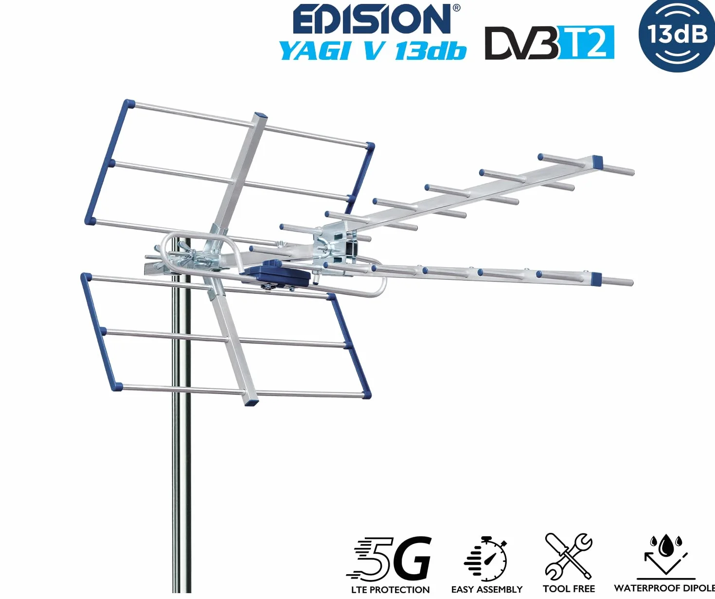 EDISION YAGI V 13db Antena TDT UHF 21-48 Exterior Digital Terrestre, con Filtro LTE 5G, Ideal para recepción de Televisión Digital Terrestre DVB-T/T2,Frecuencias 470-694Mhz,Longitud 87cm,LTE700,Azul