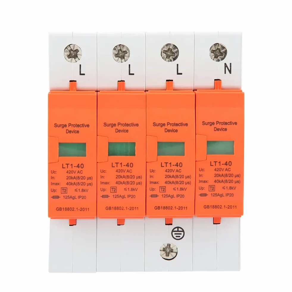 4 Polos AC 420V, 40KA, Protector de Sobretensión Doméstico, Dispositivo Pararrayos de Bajo Voltaje, para Protección Contra Rayos