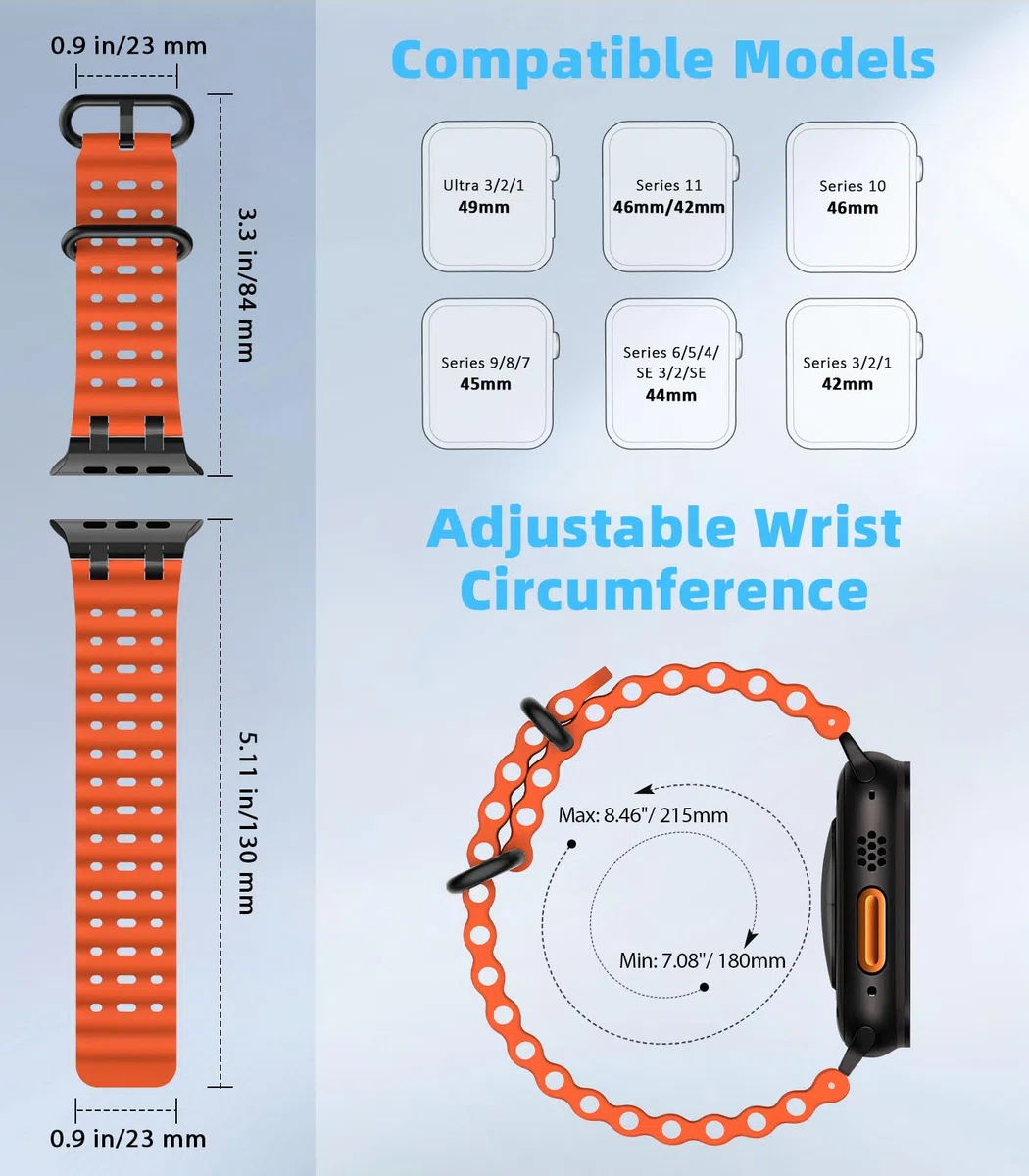 MoKo Correa Ocean Compatible con Apple Watch Ultra 3/2/1 49 mm, S11/S10 46 mm, 9/8/7 45 mm, SE3/SE2/SE/6/5/4 44 mm, 3/2/1 42 mm, Correa Deportiva de Silicona Transpirable