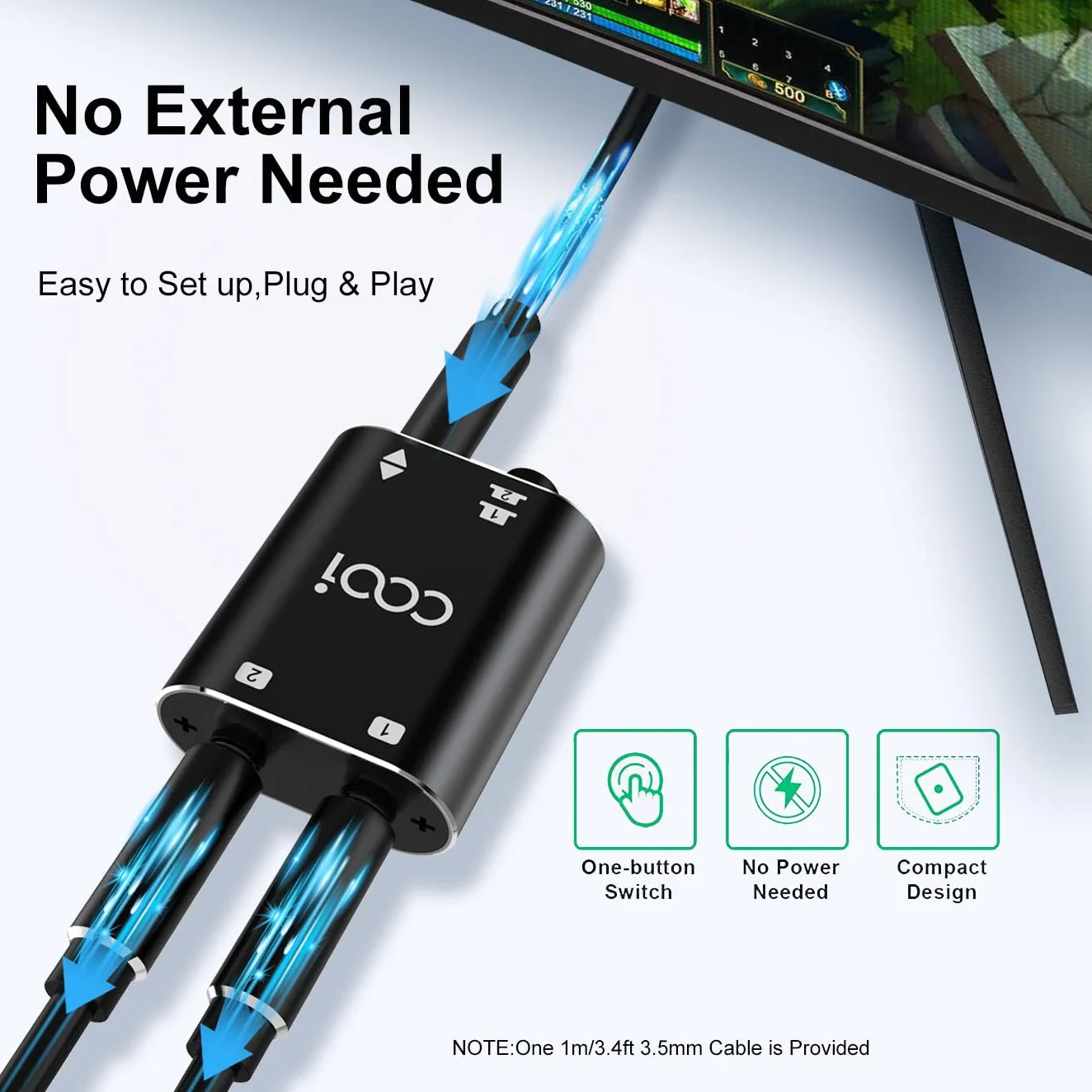 COOIDEA Conmutador de Audio Estéreo de 3.5mm 2 (1)-En-1(2)-out con Cable de Audio de 3,5 mm, Selector de Altavoz de Audio AUX de 2 Puertos para PC Teléfono Portátil Auriculares - Tamaño Mini