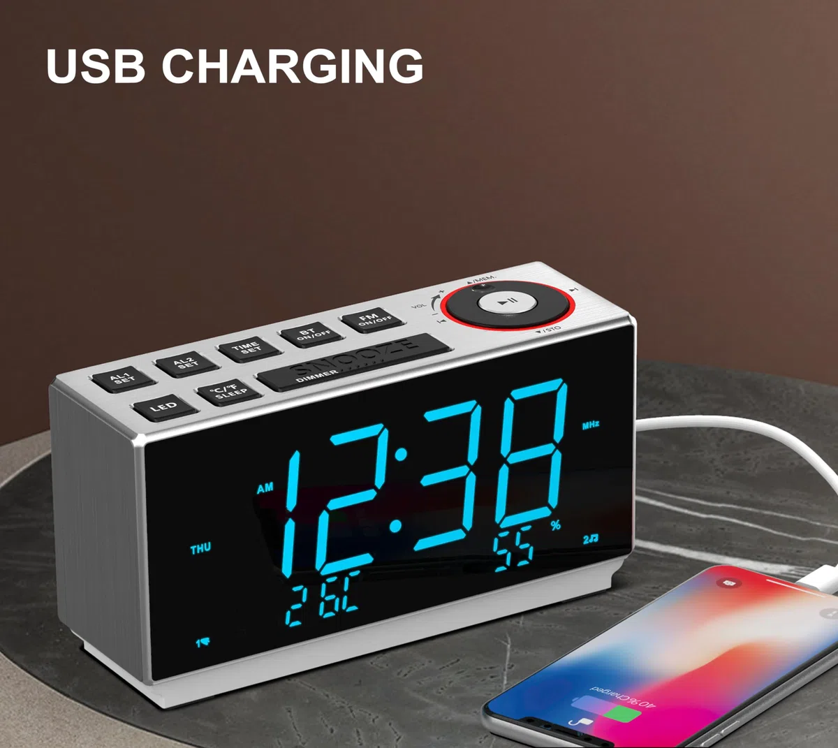 iTOMA Despertador con FM Radio, Carga USB Pantalla LED Azul Hielo de 1,8 Pulgadas, luz Nocturna, Doble Alarma, Siesta, Control de Atenuación, Reloj Electrónico de Oficina Junto a la Cama CKS508
