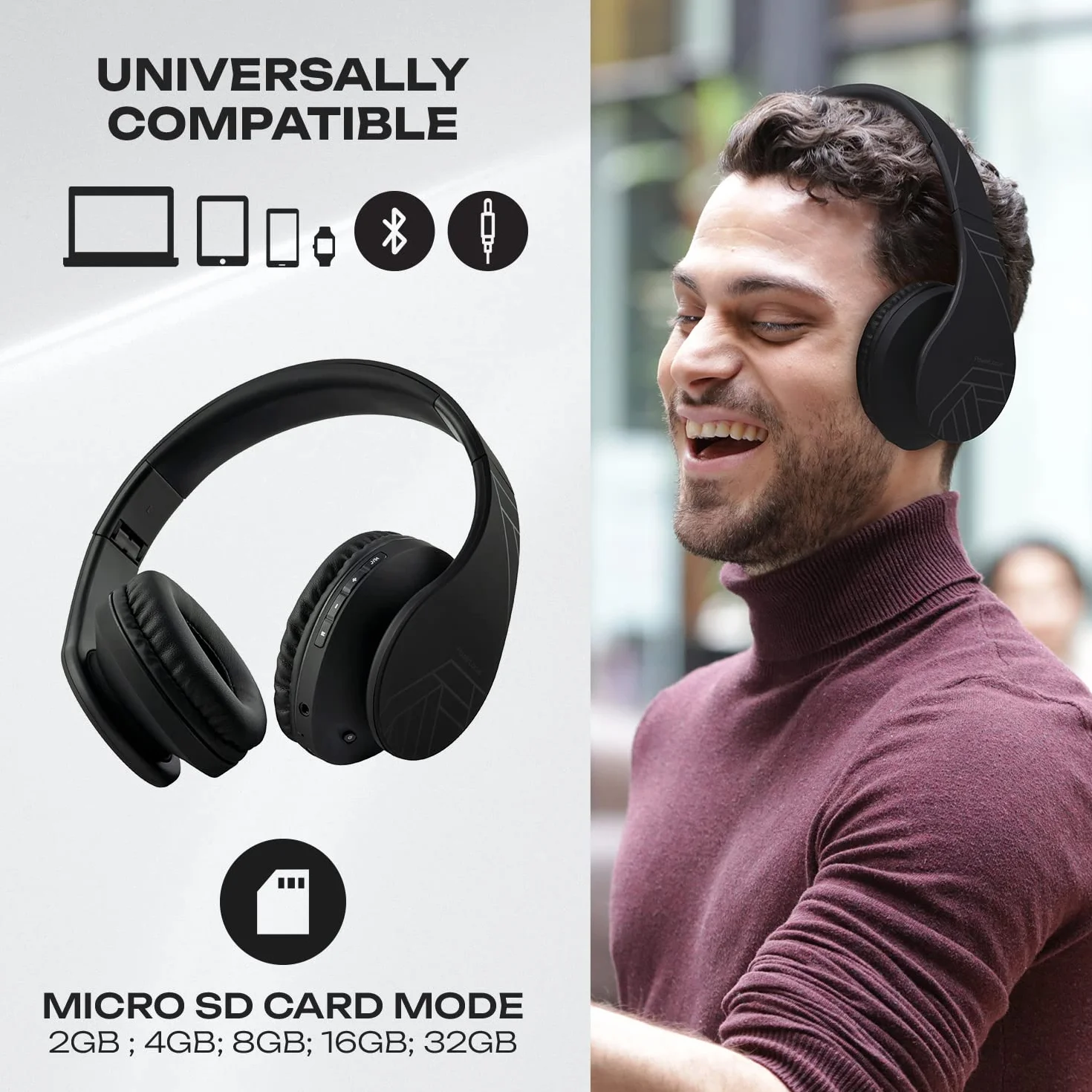 PowerLocus P2 - Auriculares Bluetooth inalambricos de Diadema Cascos Plegables, Casco Bluetooth con Sonido Estéreo Micro SD/TF, FM con micrófono y Audio Cable para Movil, PC, Tablet - Negro