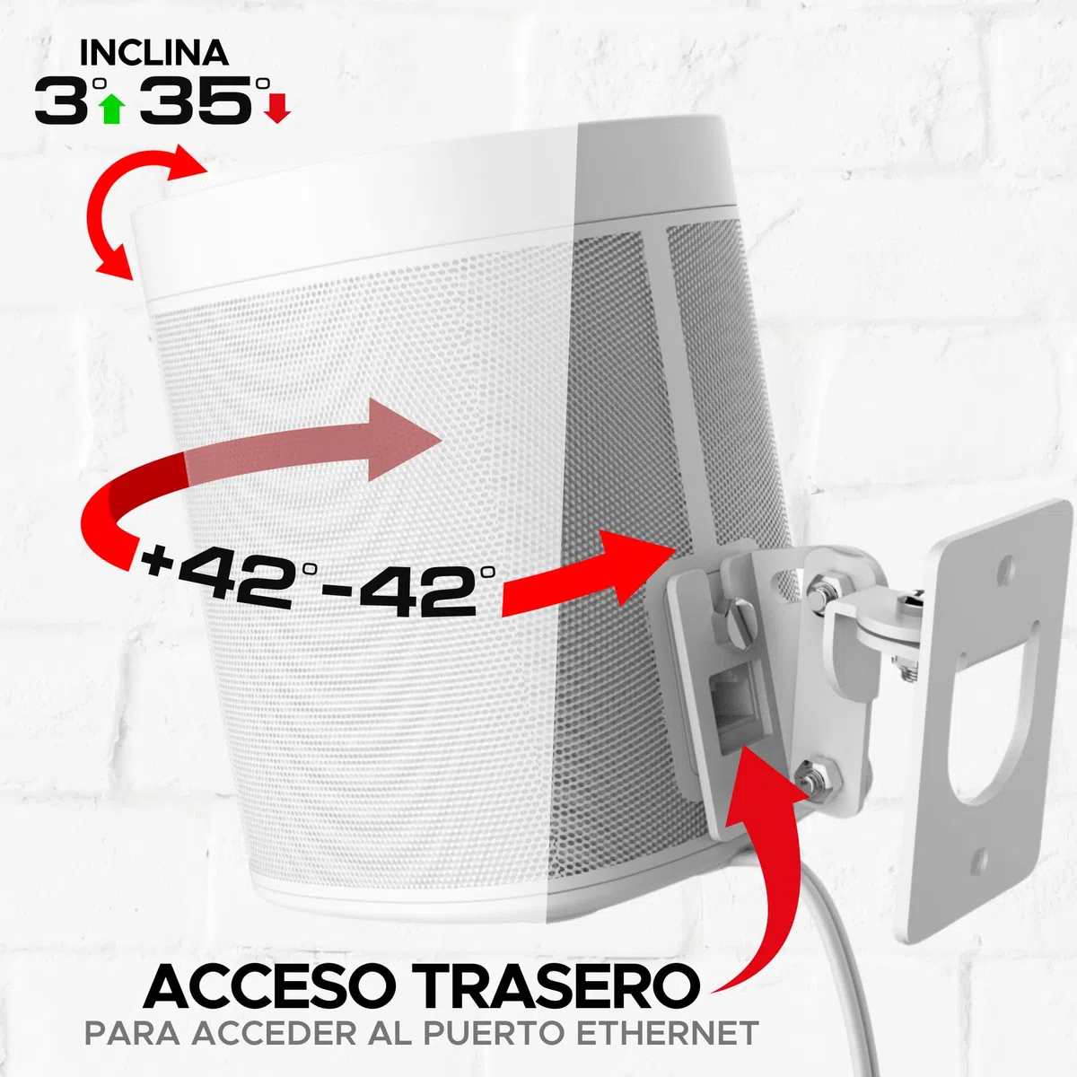 2 x Sonos Play:1 Montaje de Pared (No Compatible con Sonos One), Ajustable con Mecanismo de Giro e Inclinación, Soporte Individual para Altavoz Play 1 con Accesorios de Montaje, Blanco, Paquete