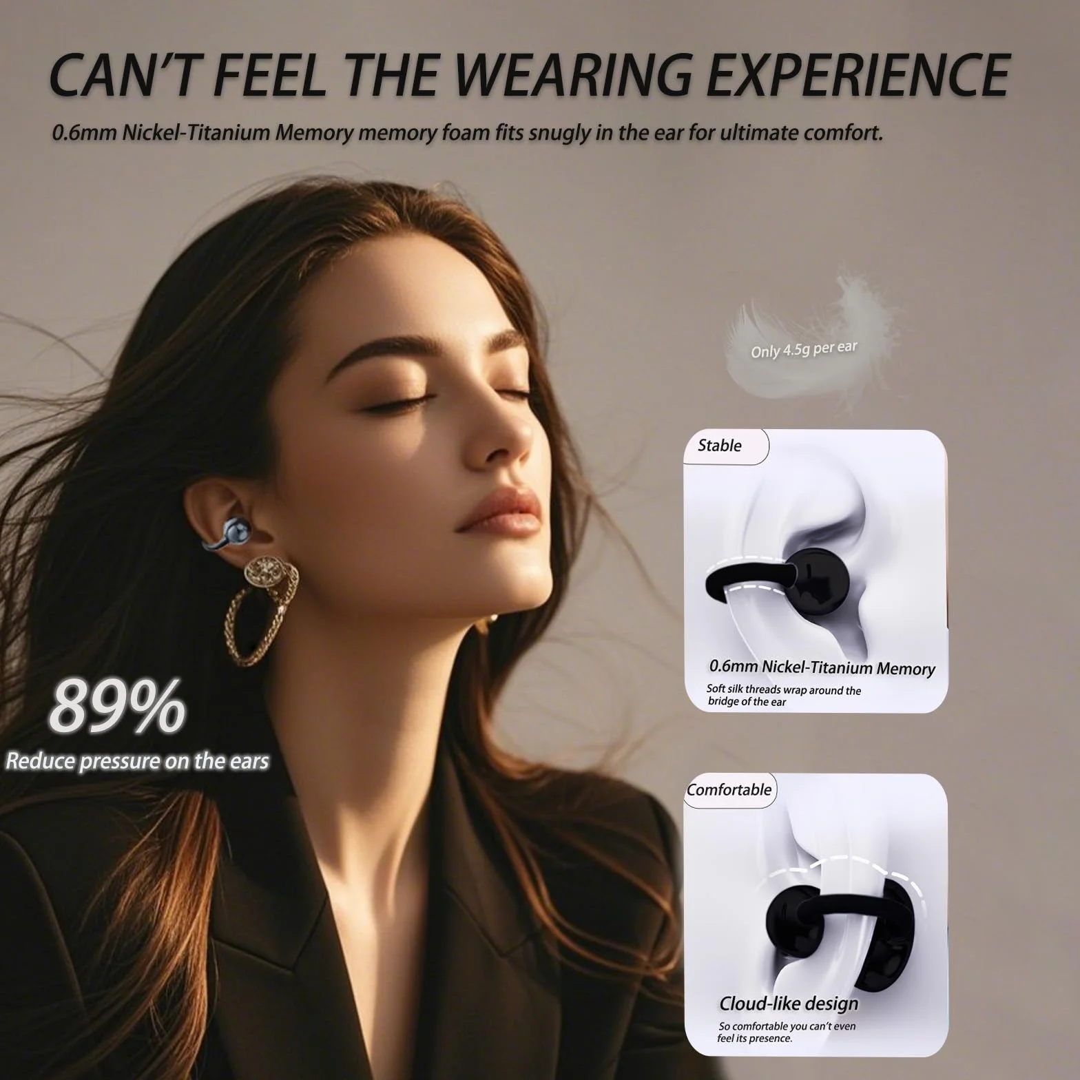 Auriculares Bluetooth Inalámbricos, Audífonos de Oreja Abierta, Clip para Orejas, 4,5g Ultraligeros,Bluetooth 5.49, Audio Direccional,45h Autonomía, iOS y Android,Ideal para Llamadas,Oficina y Deporte