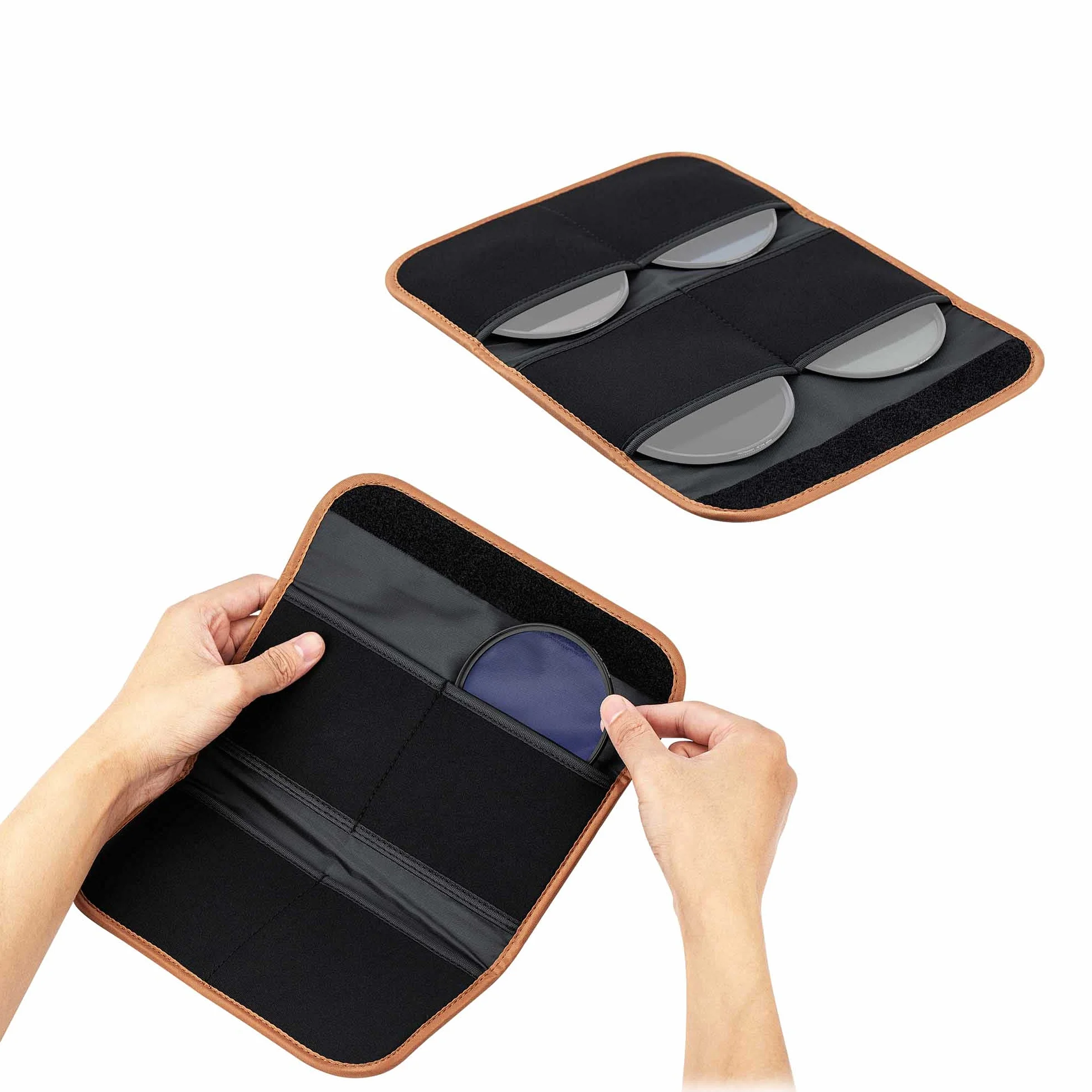 PROfezzion Estuche de Filtro con 4 Bolsillos para Lente Redondo ND CPL UV de hasta 82mm - Almacenamiento con Paño de Limpieza de Microfibra, Marrón