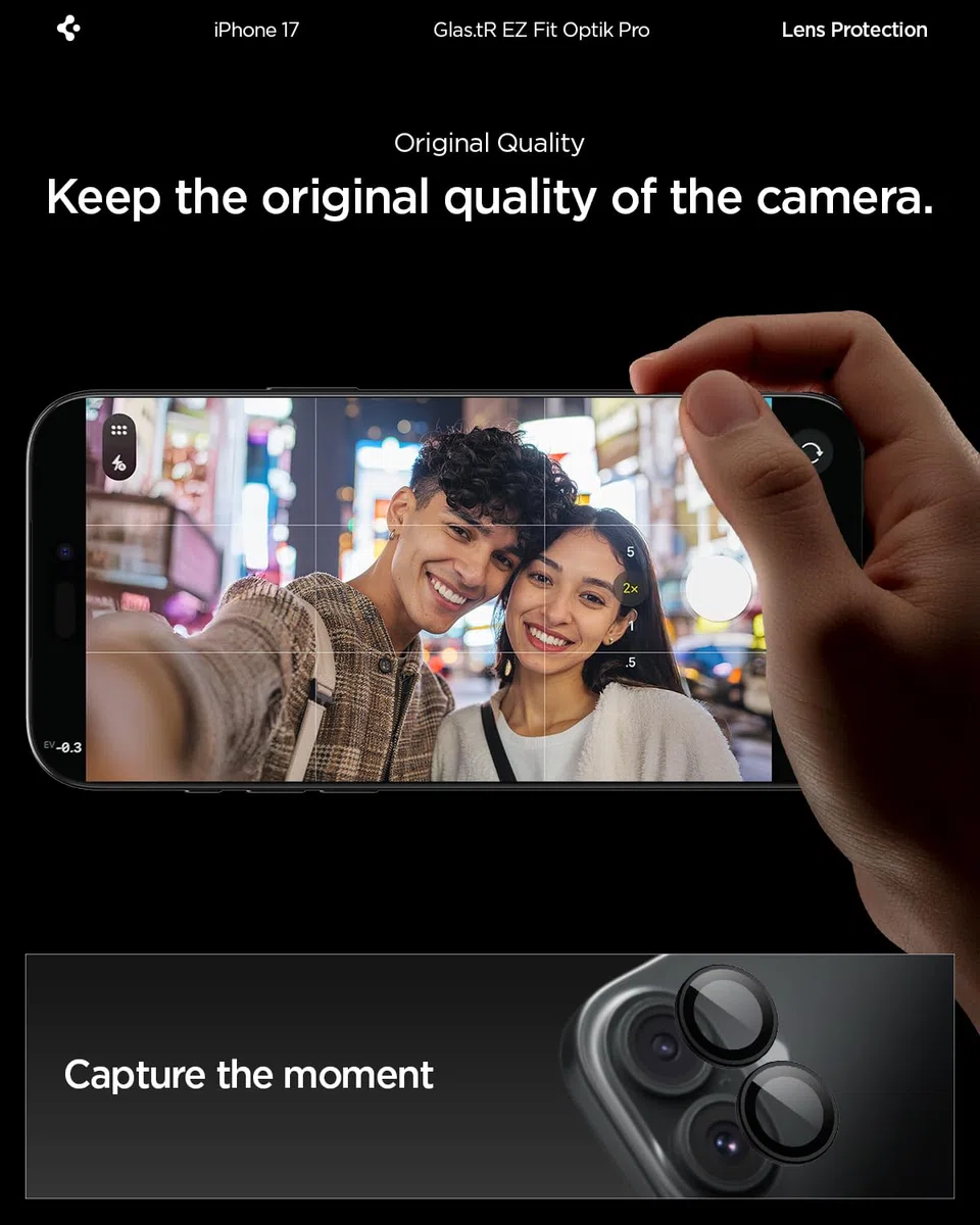 Spigen Glas.tR EZ Fit Optik Pro Protector de Cámara para iPhone 17, iPhone 16/16 Plus, Negro, 2 Unidades, Instalación Fácil, 9H Dureza, Anti-Arañazos
