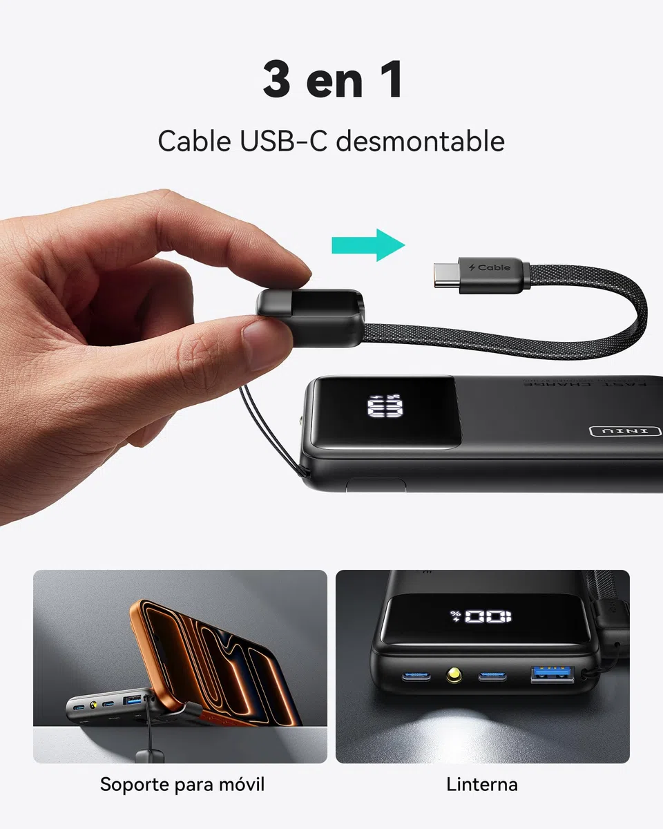 INIU 45W Power Bank, El Más Ligero 10000mAh Bateria Externa, PD3.0 Carga Rápida USB C Input & Output Bateria Portatil con Linterna para iPhone 17 16 15 14 13 12 Pro Samsung S22 S21 S20 iPad Airpods