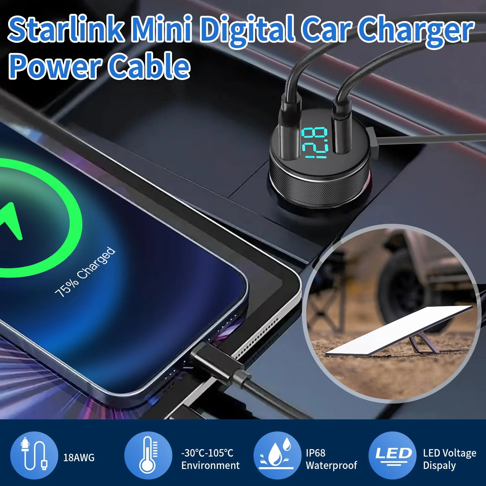 Starlink Mini DC Cable de alimentación para automóvil 3 m/10FT Pantalla digital DC Cable de alimentación impermeable para automóvil 18AWG Starlink Satellite DC Fuente de alimentación