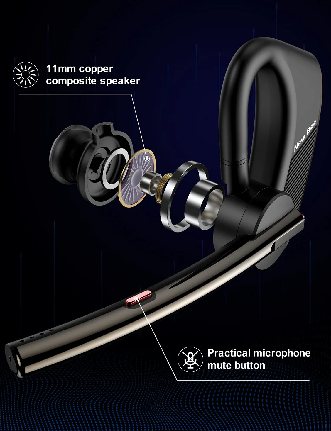 New Bee Manos Libres Bluetooth Auricular Inalámbrico Pinganillo Bluetooth Movil V5.2 Peso Ligero 16g con 24 Horas de Conversación para iPhone, Samsung, Huawei, Xiaomi, HTC, LG, Sony, PC