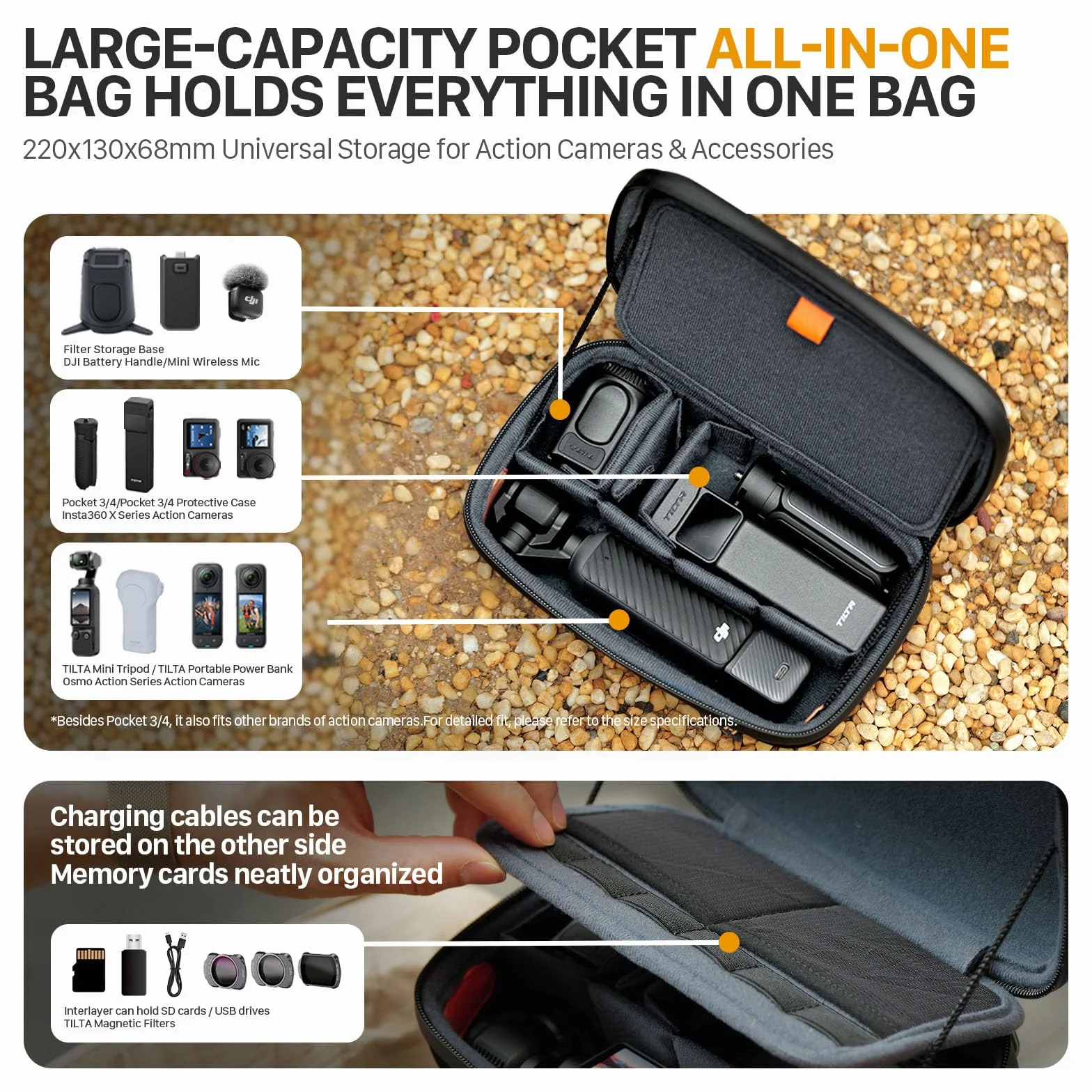 Tilta Pocket 4/3 Case, Bolsa rígida portátil Compatible con dji Osmo Pocket 4, Resistente al Agua, Correa elástica, con 3 divisores, Compatible con la mayoría de Las cámaras de acción TA-ACCC-B