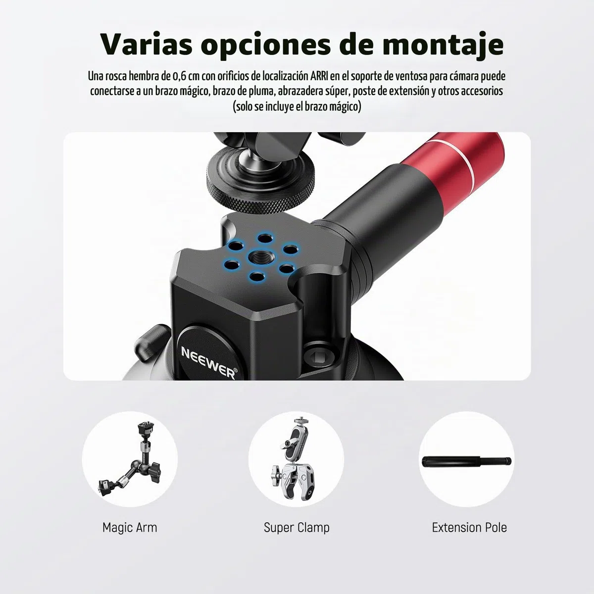 NEEWER Soporte de cámara con ventosa de 3 pulgadas con brazo mágico de cabeza esférica, agujeros ARRI de 1/4 pulgadas, soporte de coche de liberación rápida con soporte y adaptador de cámara de acción