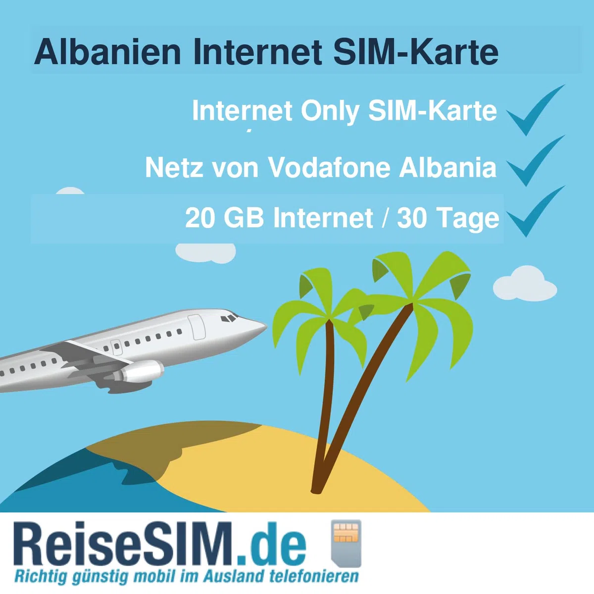 ReiseSIM Albania Internet SIM-Karte, 3-20 GB de volumen de datos, 30 días de validez, red 4G/5G, Nano-SIM o eSIM (20 GB / 30 días, Tarjeta SIM (3en1))