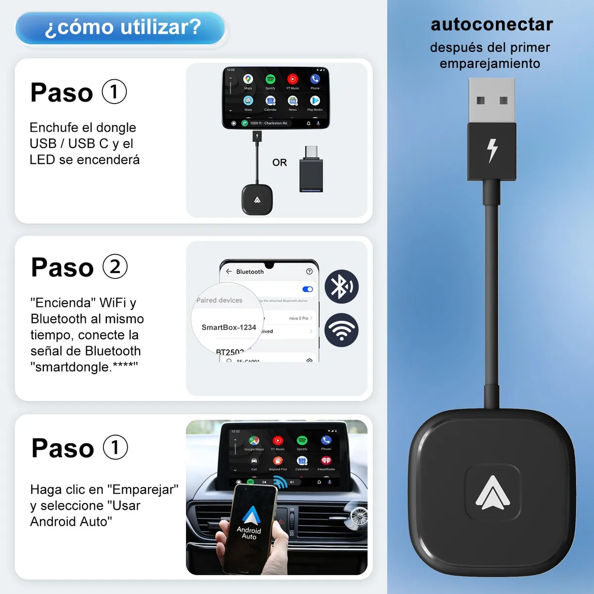Adaptador Android Auto Inalámbrico, para Vehículos Equipados con Android Auto con Cable, Cambio de Cableado a Inalámbrico, Estable y Rápida, 5.8GHz WiFi de Alta Velocidad, para Android Phone 11.0+