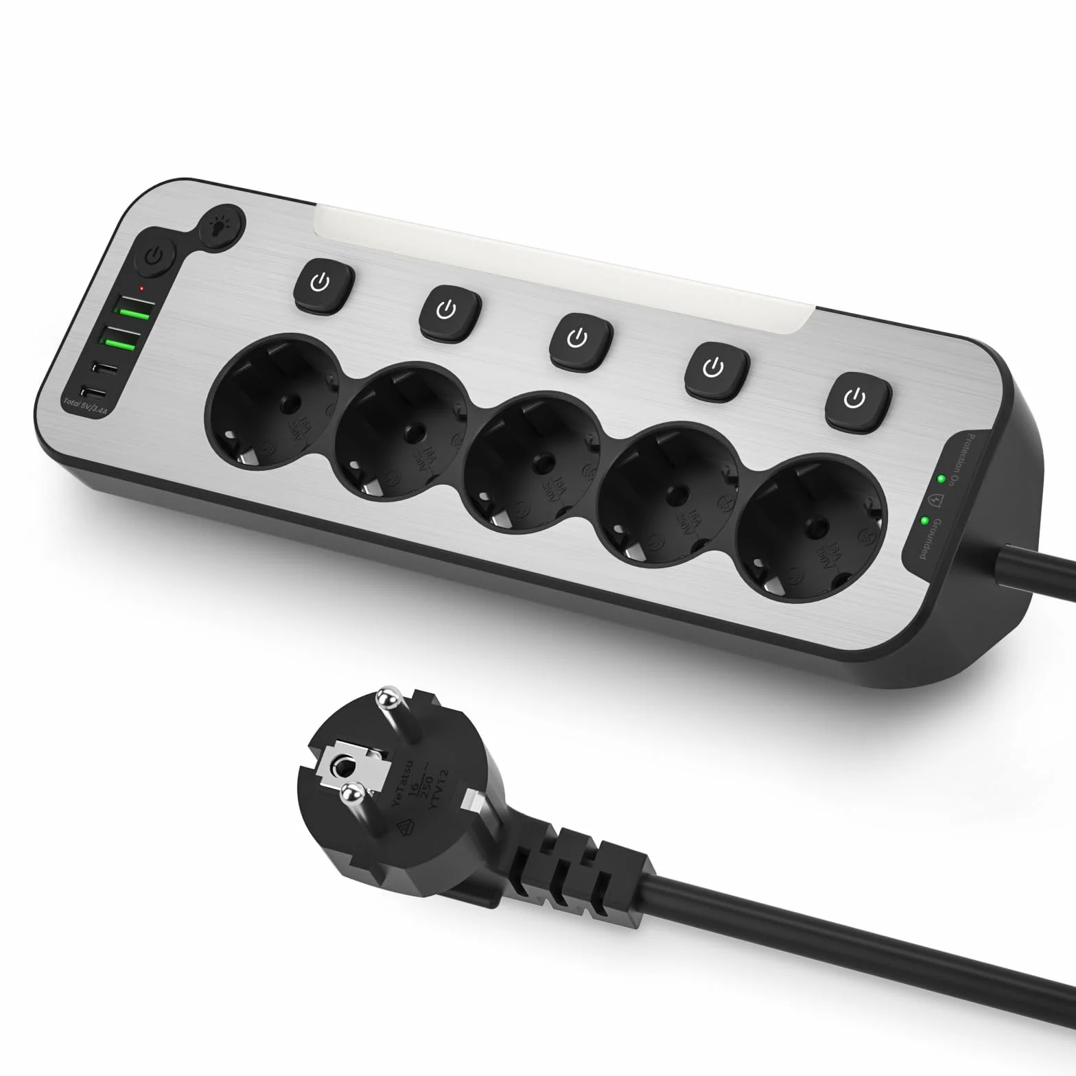 Regleta Enchufes Proteccion Sobretension,Enchufe Multiple USB C de Escritorio,Ladron Enchufes con Interruptor,Metal Regleta Esquina con Luz Nocturna,5 Tomas de Mesa para Cocina Oficina,2M Cable,Negro