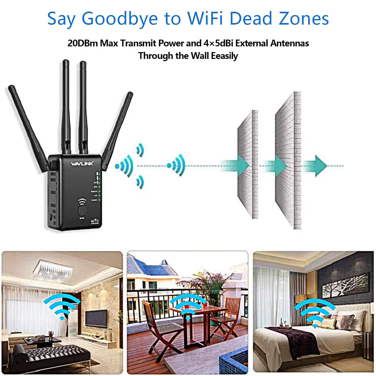 WAVLINK Repetidor/Amplificador WiFi con Función de Enrutador, AC1200 Extensor WiFi con 2 Puertos Ethernet y WPS, Repeater/Wireless Access Point Mode, Compatible with Any Router
